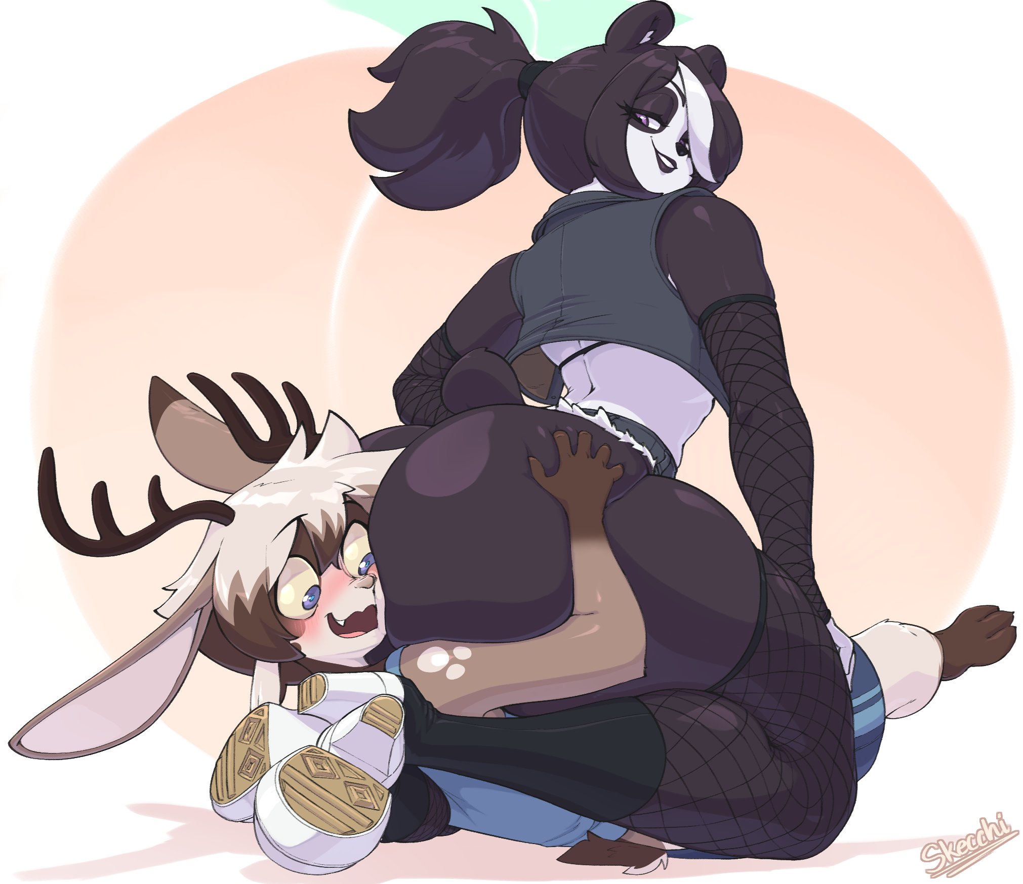 1boy, 1girls, animal ears, anthro, ass, ass grab, ass worship, aster faye, big ass, black hair, blush, bubble ass, bubble butt, female, fishnet armwear, fishnet stockings, fishnets, furry, hi res, horns, huge ass, looking back, male, narrowed eyes, original, original character, panda, panda ears, ponytail, sitting, sitting on person, skecchiart, smiling, thick thighs, thigh squish, uncensored, vivian vivi (skecchiart), yiff
