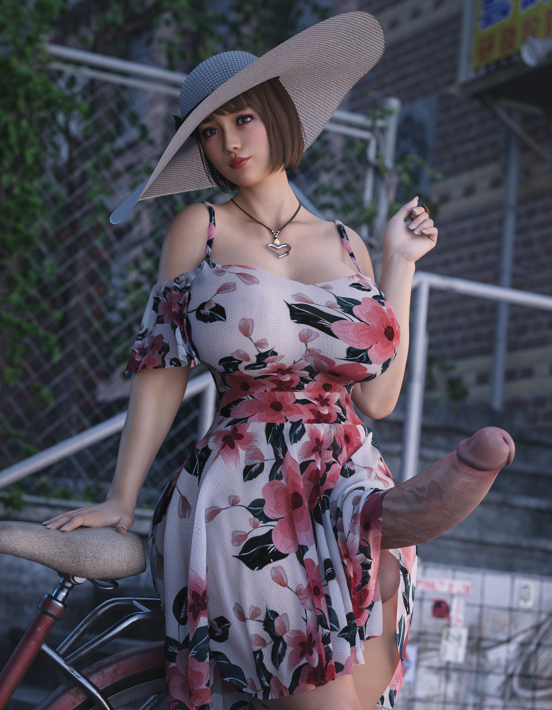 1futa, 3d, balls, bicycle, big breasts, big penis, bike, breasts, casual, clothed, clothing, erect penis, erection, fit, fit futa, futa only, futanari, hat, headwear, human, ineffective clothing, intersex, neckwear, outdoors, pale skin, penis, penis out, public, ryuu ga gotoku, saeko mukouda, solo, stevencarson