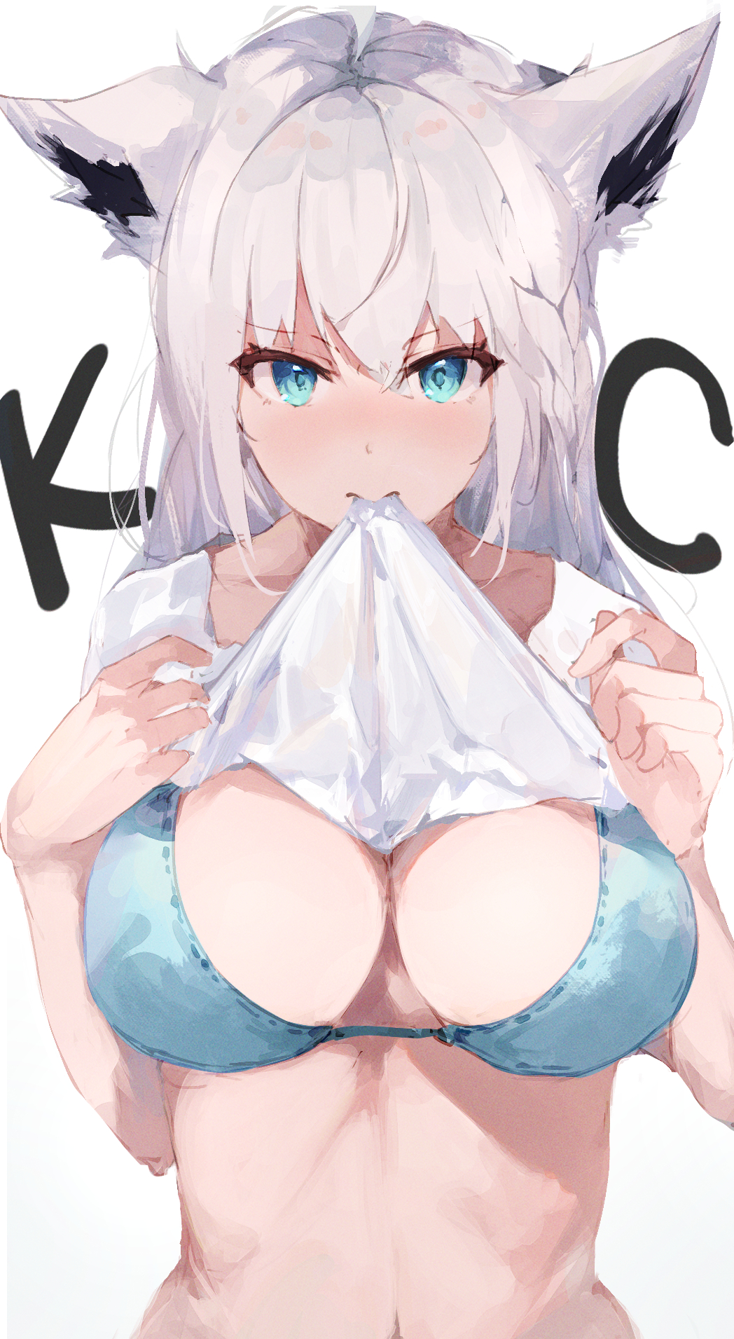 ahoge, animal ear fluff, animal ears, blue bra, blue eyes, bra, breasts, clothes lift, female, fox ears, fox girl, highres, hololive, hololive gamers, hololive gen 1, hololive japan, large breasts, lifted by self, long hair, looking at viewer, mouth hold, navel, shirakami fubuki, shirt, shirt bite, shirt in mouth, shirt lift, simple background, solo, t-shirt, underwear, upper body, virgo76612871, virtual youtuber, white background, white hair, white shirt