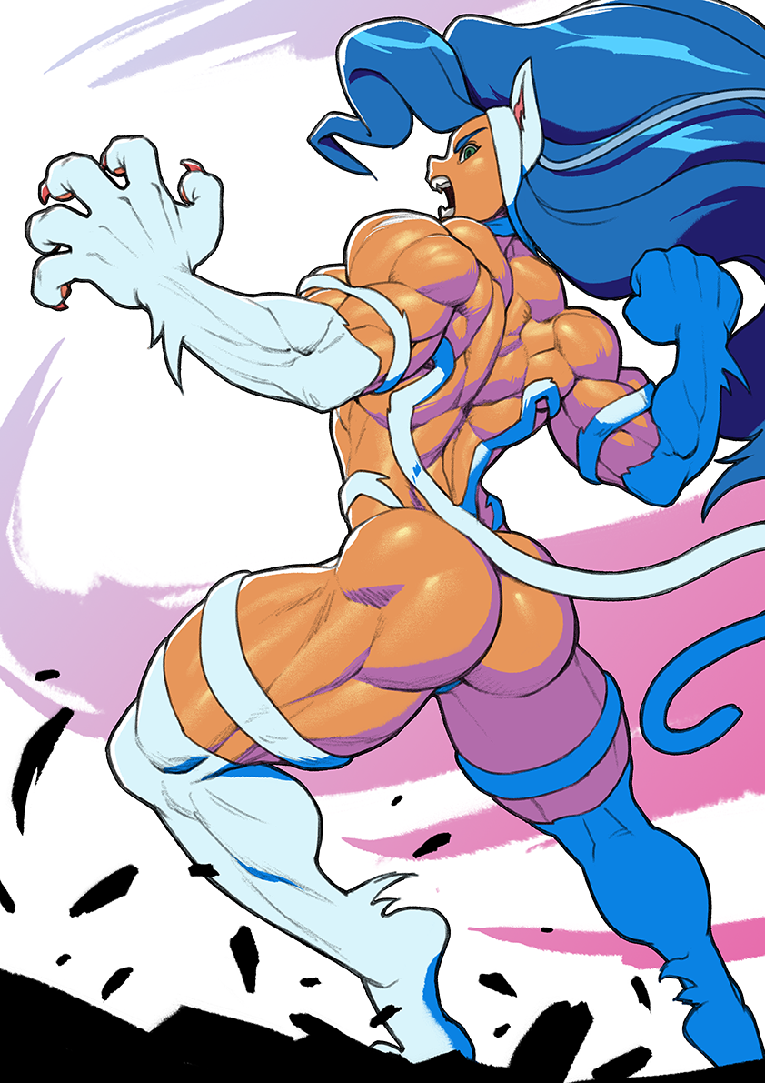 arse ass big_muscles blue_hair capcom cat_ears catgirl darkstalkers extreme_muscles felicia_(darkstalkers) female_only huge_muscles muscle muscles muscular muscular_ass muscular_female pokkuti pornstar tail