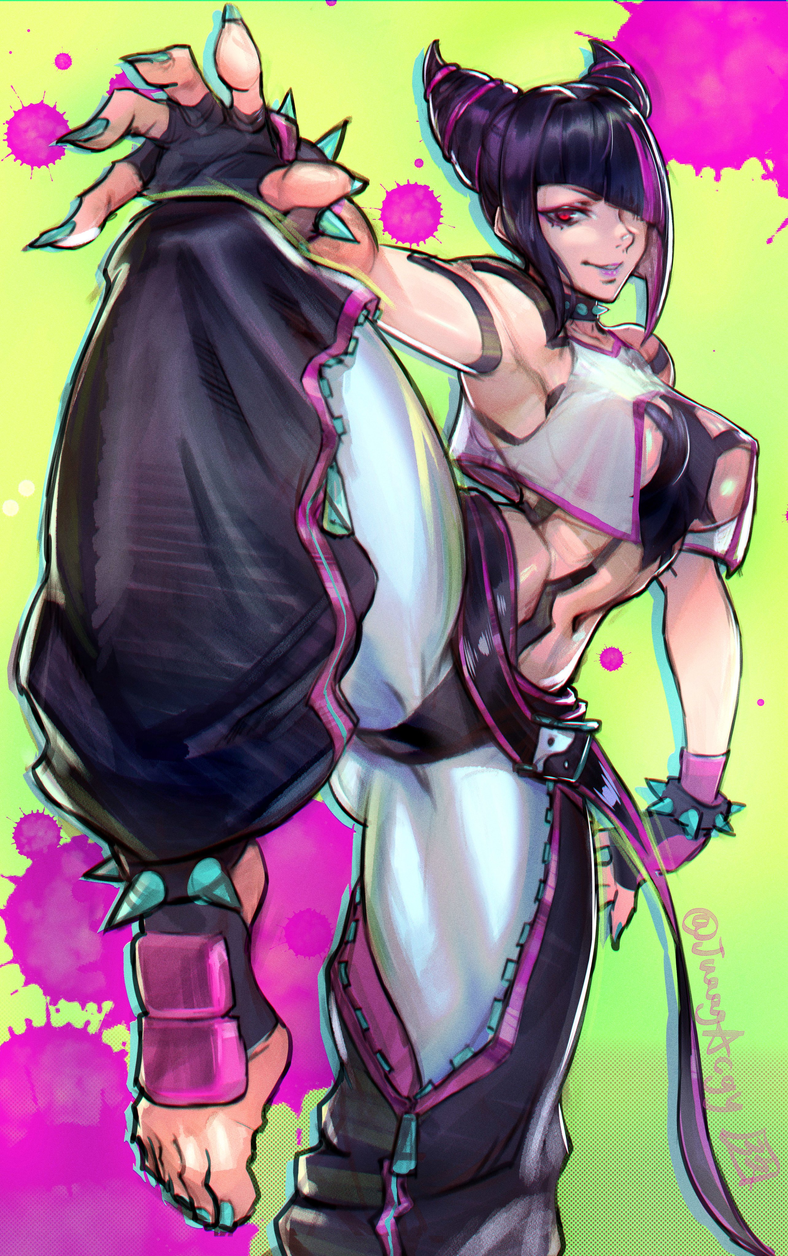 1girls, artist request, bodypaint, breasts, busty, capcom, crop top, erect nipples, female, female focus, female only, juri han, nipple bulge, nipples, solo, street fighter, street fighter 6, tagme, underboob