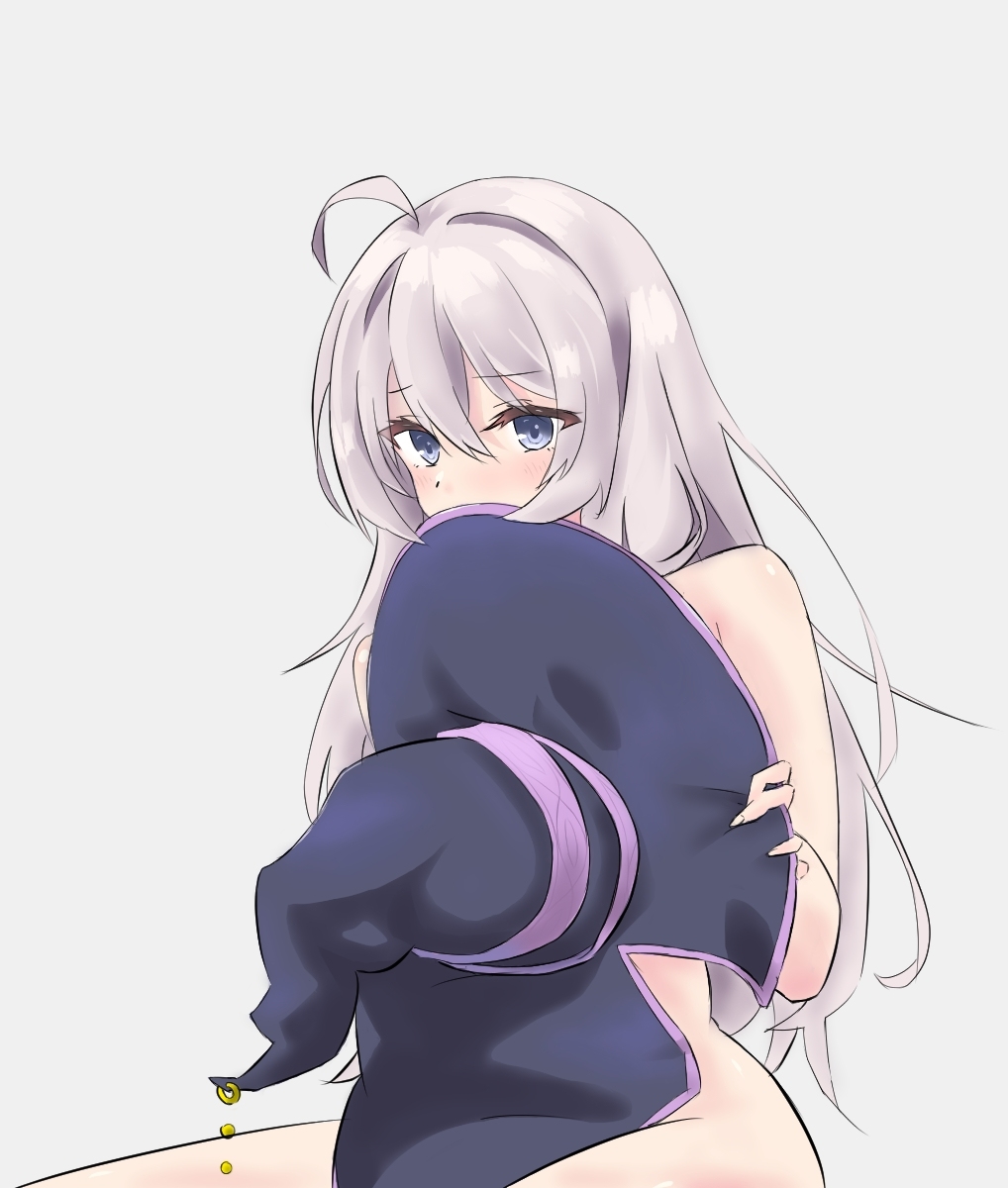 1girls, blue eyes, breasts, covering breasts, covering crotch, covering face, elaina (majo no tabitabi), female, female only, hat, hiding face, hrxw8287, light skin, light-skinned female, long hair, majo no tabitabi, naked, naked female, nude, nude female, shy, tagme, topless, white hair, witch hat