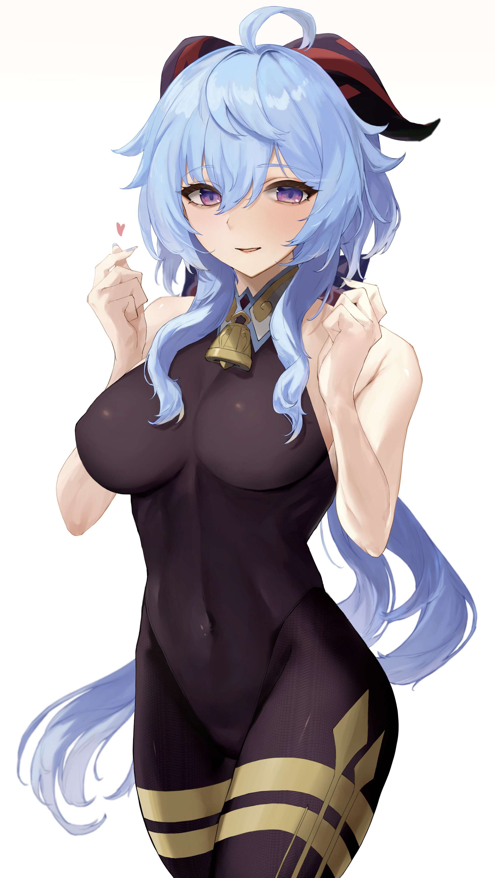 1girls, 2022, ahoge, bell choker, blue hair, bodystocking, breasts, choker, female, female only, ganyu (genshin impact), genshin impact, hi res, hips, horns, kataku musou, large breasts, long hair, purple eyes, simple background, skin tight, skin tight suit, slim waist, thick thighs, thighs, tight clothing, wide hips