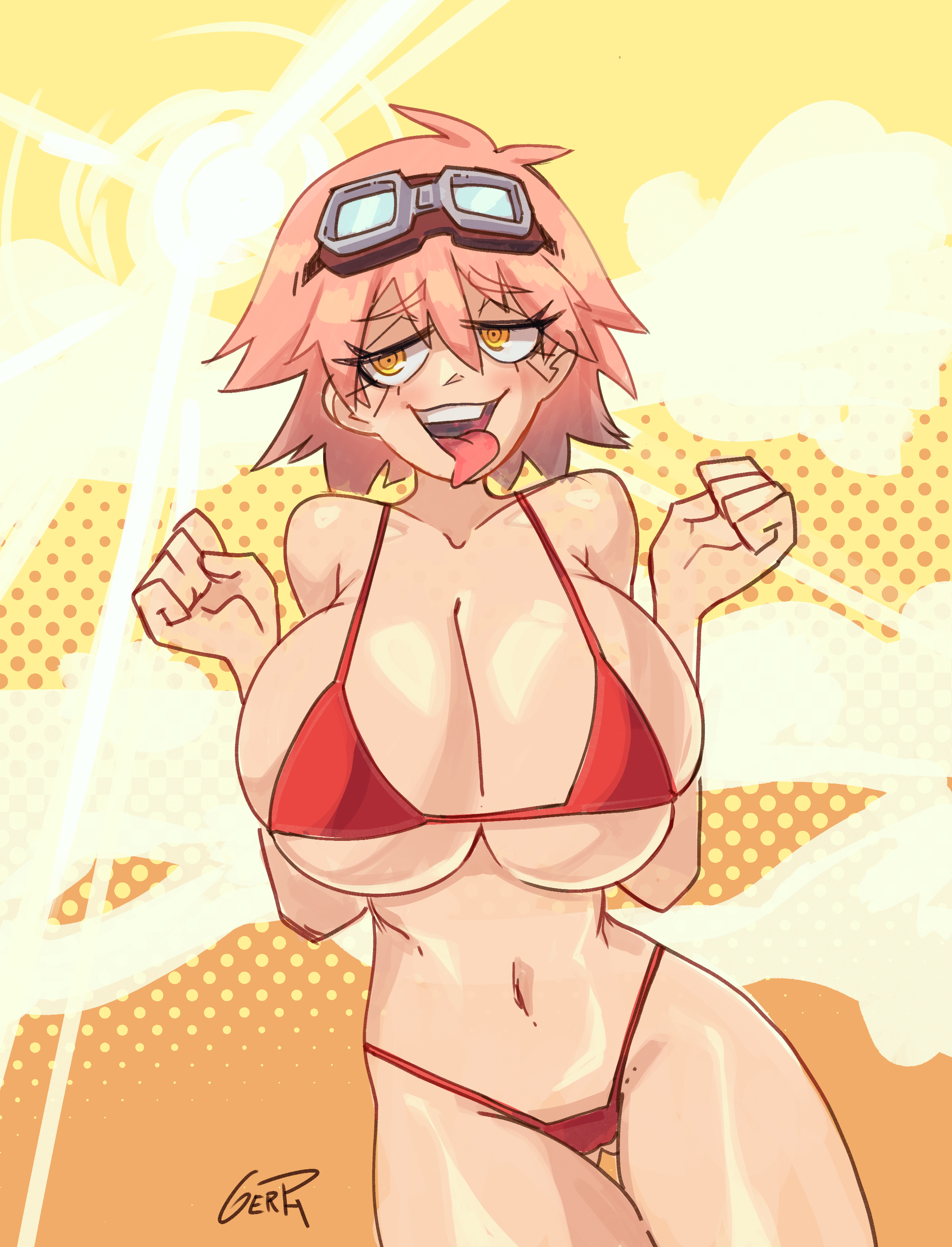 1girls, 2022, abstract background, alternate breast size, artist name, artist signature, ass visible through thighs, belly, belly button, big breasts, bikini, bikini bottom, bikini top, breast squeeze, breast squish, breasts, busty, cleavage, cleavage overflow, color, colored, deep cleavage, eyelashes, female, female focus, female only, flcl, gerph, goggles, goggles on head, hair, half-closed eyes, hands up, haruko haruhara, hi res, high resolution, highres, hips, huge breasts, humanoid, large breasts, legs, legs together, light skin, light-skinned female, looking away, medium hair, mouth open, navel, open mouth, orange background, pink hair, pose, posing, presenting, presenting breasts, red bikini, showing breasts, showing off, signature, solo, solo female, solo focus, squeezing breast, squished breasts, stomach, sun, sunlight, teeth, thighs, tongue, tongue out, top heavy, yellow background, yellow eyes