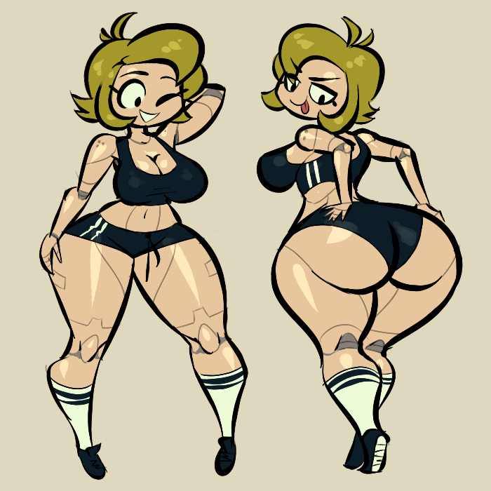 1girls, alternate version available, armpits, ass, ass focus, back, big ass, big breasts, black shorts, blonde hair, booty shorts, breasts, cleavage, clothing, female, female only, hair, hands on ass, huge ass, mighty switch force, noonun, patricia wagon, shoes, shorts, smile, socks, solo, solo female, tongue, tongue out, topwear