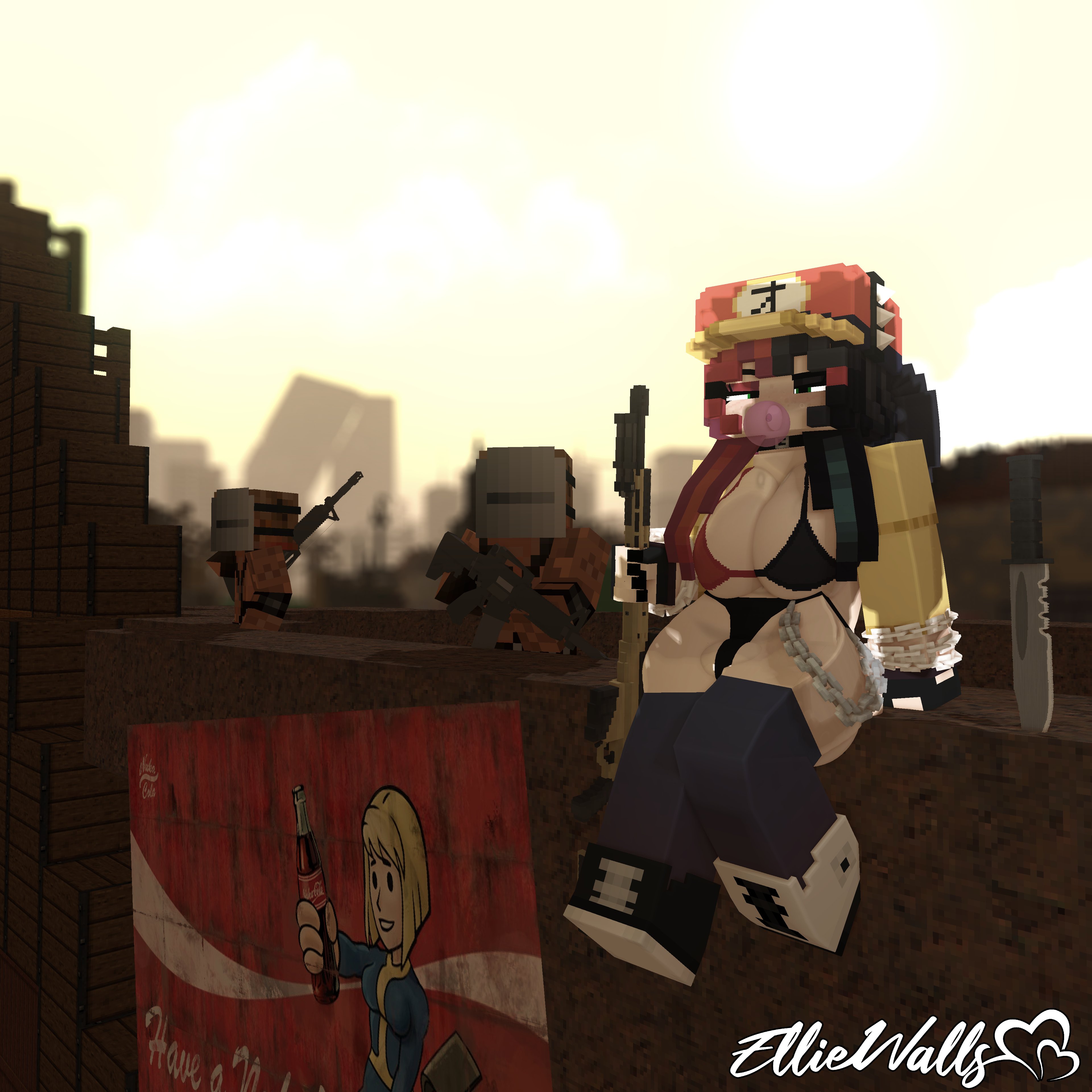 1girls, 2boys, 3d, big breasts, bikini, bra, breasts, bubble gum, chains, choker, ellie walls (odysseyellie), fallout, female, female focus, goth, goth girl, green eyes, gun, hat, horny female, huge breasts, jacket, knife, looking at viewer, male, mask, mine-imator, minecraft, odysseyellie, outside, panties, post-apocalyptic, poster, sitting, spiked hairband, tagme, thick thighs, two-tone hair, weapon, welding mask