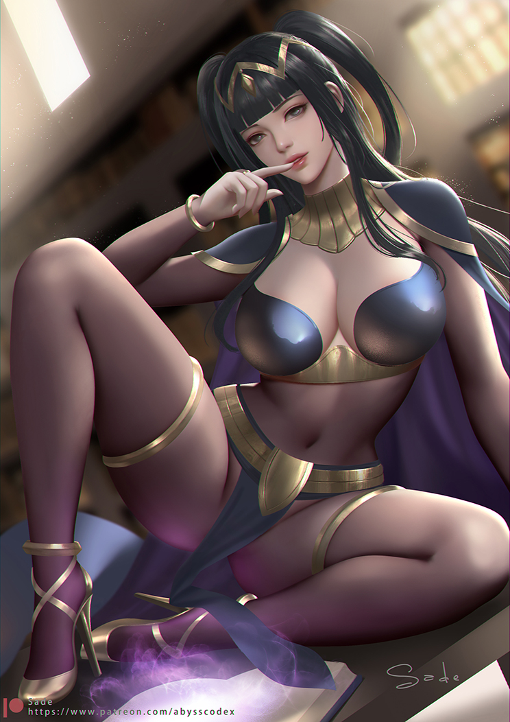 1girls arm_support artist_name bangs black_hair blurry blurry_background bodystocking bodysuit bracelet breasts cape cleavage collar commentary day female female_only fire_emblem fire_emblem_awakening gold_trim grey_eyes hand_up high_heels indoors jewelry light light_particles lips loincloth long_hair looking_at_viewer medium_breasts navel nintendo pelvic_curtain sade_abyss shiny shiny_hair short_twintails signature simple_background sitting skin_tight stomach tharja_(fire_emblem) thighs tiara twintails window