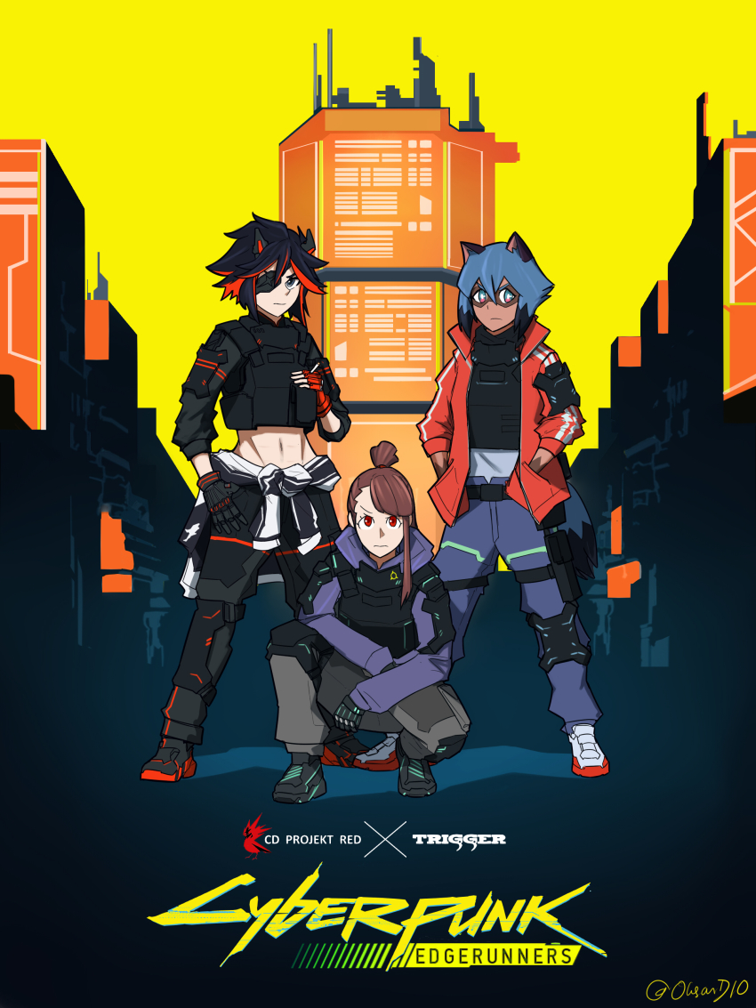 3girls, atsuko kagari, brand new animal, crossover, cyberpunk, cyberpunk 2077, female, female only, full body, fully clothed, kill la kill, little witch academia, matoi ryuuko, michiru kagemori, not porn, oksandio, small nose, standing, studio trigger, tagme, thin eyebrows, tomboy, trio, voice actor connection