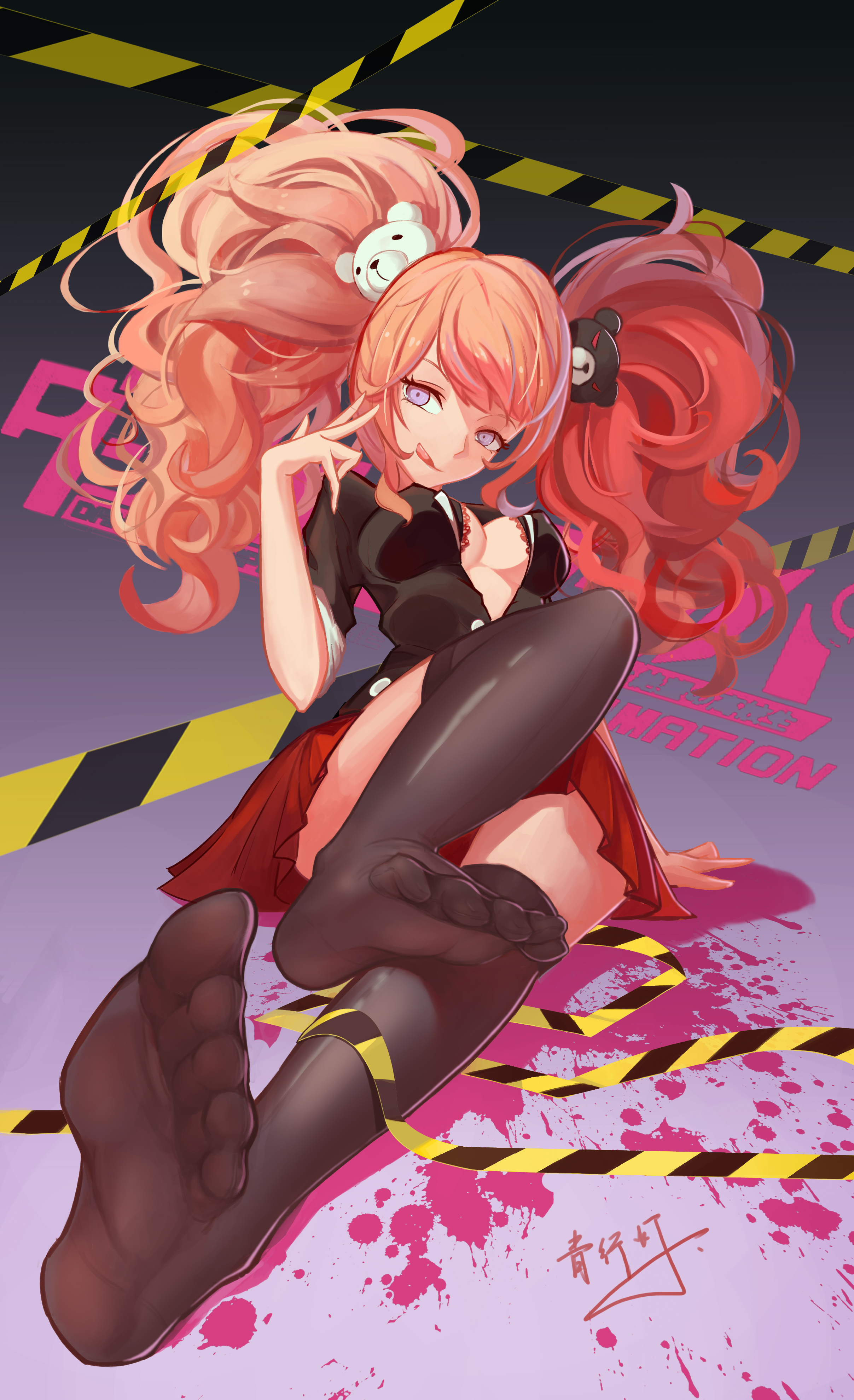 1girls, bangs, blonde hair, blood, blue eyes, breasts, cleavage, convenient censoring, covered pussy, danganronpa, feet, female, foot fetish, foot focus, gyaru, hair ornament, heels, junko enoshima, kogal, large breasts, long hair, looking at viewer, monokuma, open shirt, pink blood, pussy, school uniform, sitting, skirt, smile, soles, solo, stockings, text, thighhighs, tied hair, toes, tongue, tongue out, twintails