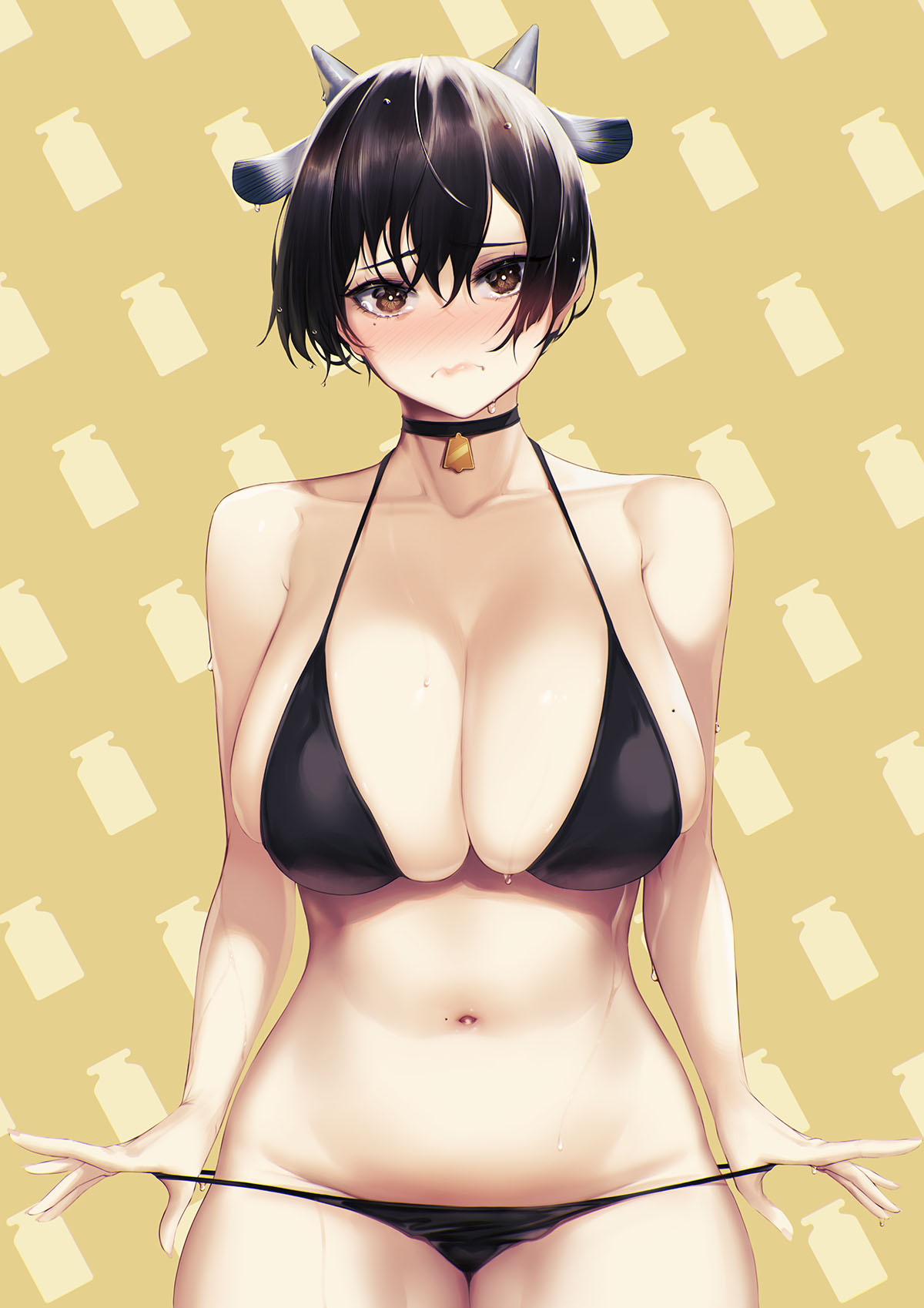 animal ears, bell, bikini, black bikini, black choker, black hair, blueorca, blush, breasts, brown eyes, choker, closed eyes, cow ears, cow horns, cowbell, female, hair between eyes, highres, horns, large breasts, looking at viewer, mole, mole on breast, mole on stomach, mole under eye, navel, neck bell, original, short hair, solo, swimsuit, wavy mouth