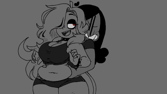 2girls artist_self-insert belly_grab belly_worship big_belly chubby_female hair_over_one_eye looking_back monochrome smile thattechnique thatti_(thattechnique) thick_thighs toon_michaela toxicsoul77