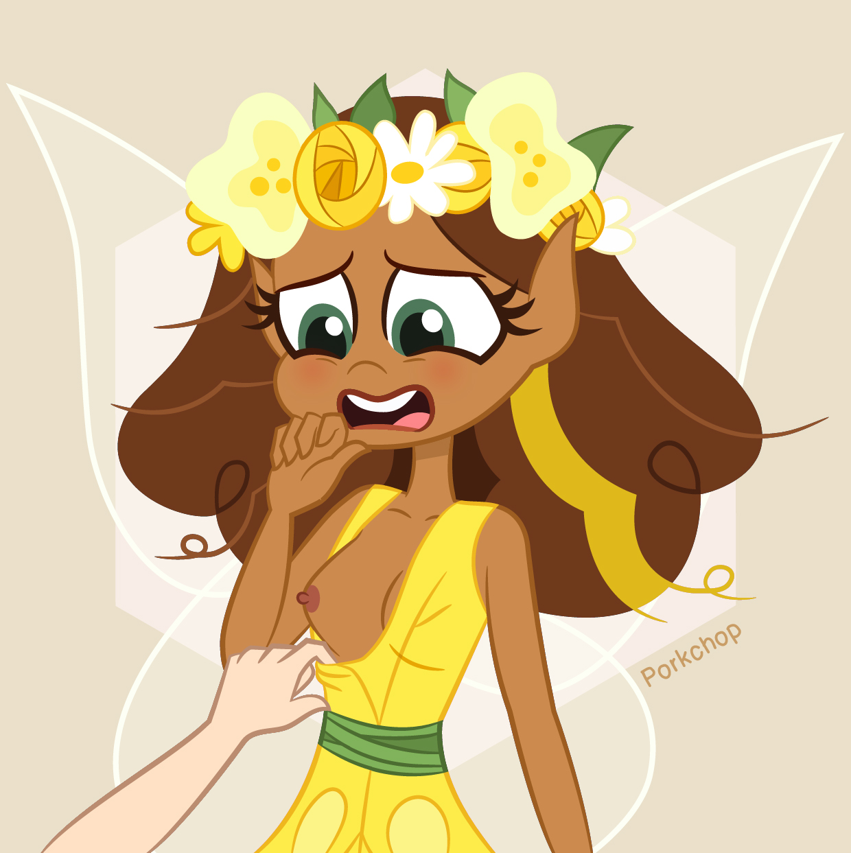1girls, assisted exposure, breasts, dark skin, dark-skinned female, dc, dc comics, dc super hero girls, embarrassed, fairy costume, fairy wings, female, female focus, karen beecher, male, nipples, partial male, pointy ears, porkchop (artist), small breasts