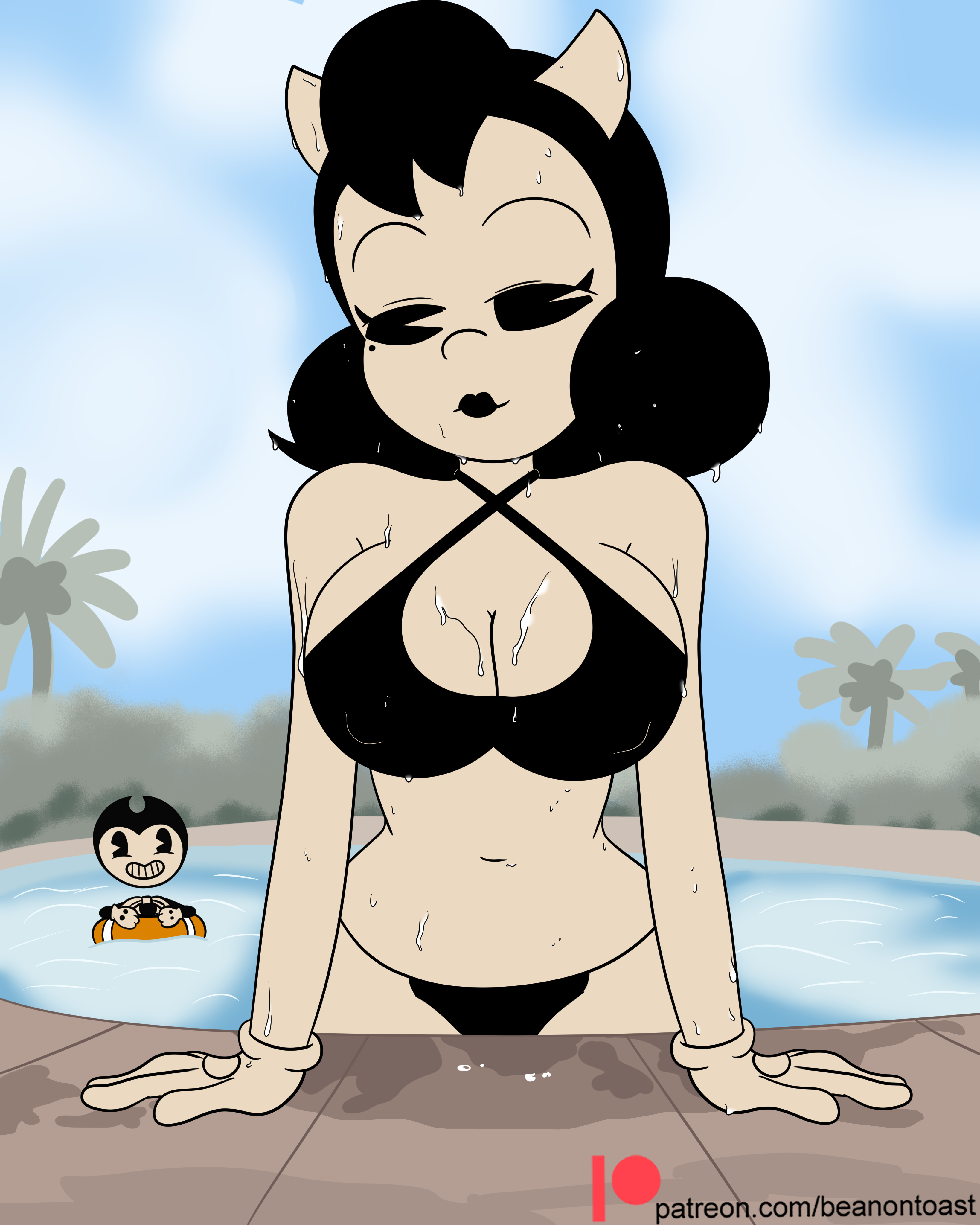 1boy, 1girls, alice angel, beanontoast, bendy, bendy and the ink machine, bikini, compact body, female, female focus, male, patreon username, summer, wet, wet body, wet clothes, wet hair, wet skin