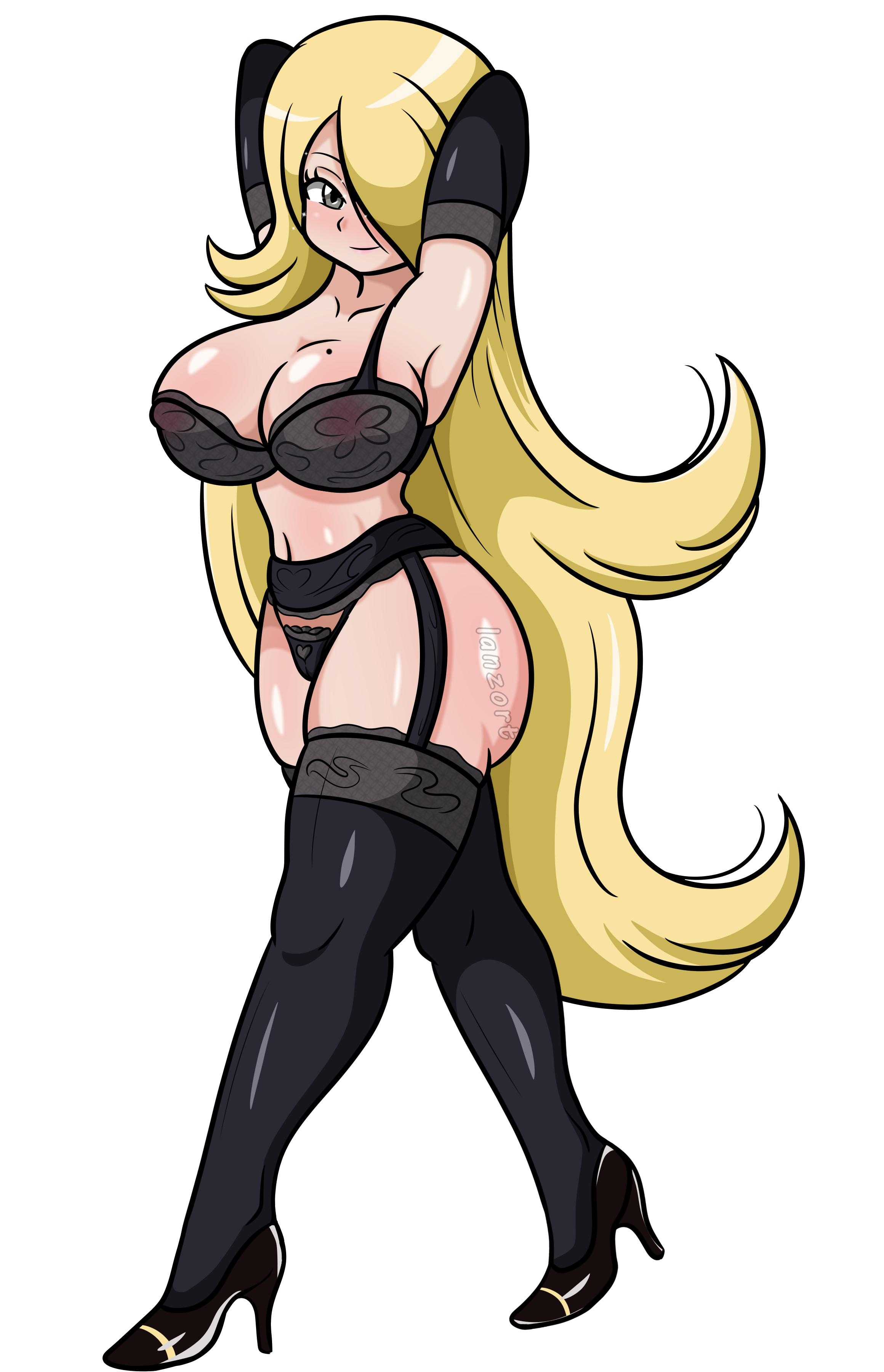 1girls, areolae, armpits, armwear, ass, big breasts, black bra, black eyes, black gloves, black panties, black thighhighs, blonde hair, bra, breasts, cynthia (pokemon), female, female only, game freak, garter belt, garter straps, hair, hair over one eye, heels, high heels, lanzort1, leggings, lips, lipstick, long hair, mature, mature female, milf, mole, mole on breast, panties, pink lips, pink lipstick, pokemon, pokemon dppt, thick thighs, thighhighs, thighs, transparent background