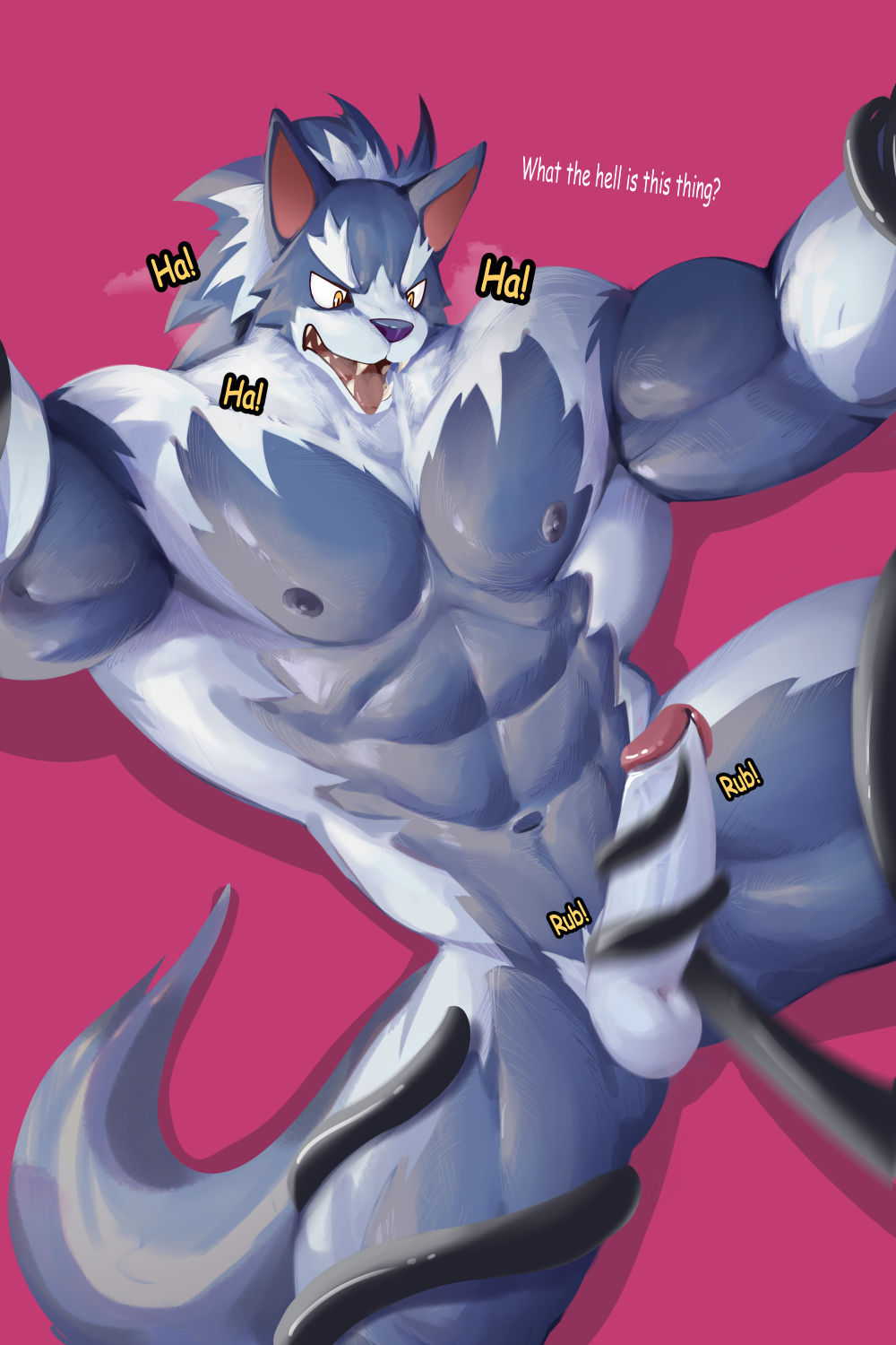 abs anthro balls big_pecs big_penis blue_body blue_hair canid canine canis capcom darkstalkers dialogue gallon genitals hair hi_res humanoid_genitalia humanoid_penis jon_talbain looking_pleasured male male_only mammal muscular muscular_male nude pecs penis pink_background sharp_teeth simple_background solo speech_bubble teeth tentacle tentacle_masturbation tentacles_around_arms tentacles_around_legs thick_thighs tongue tongue_out vampire_savior video_games wolf wolfanine yellow_eyes