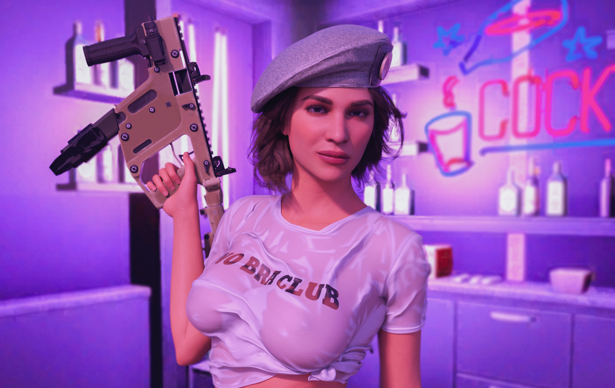 1girls, 3d, beret, braless, breasts, breasts visible through clothing, brown hair, female, female only, gun, mira (rainbow six), nipples visible through clothing, no bra, no bra under clothes, rainbow six, rainbow six siege, see-through, see-through clothing, see-through shirt, short hair, solo, solo female, submachine gun, tight clothing, wet, wet clothes, wet tshirt