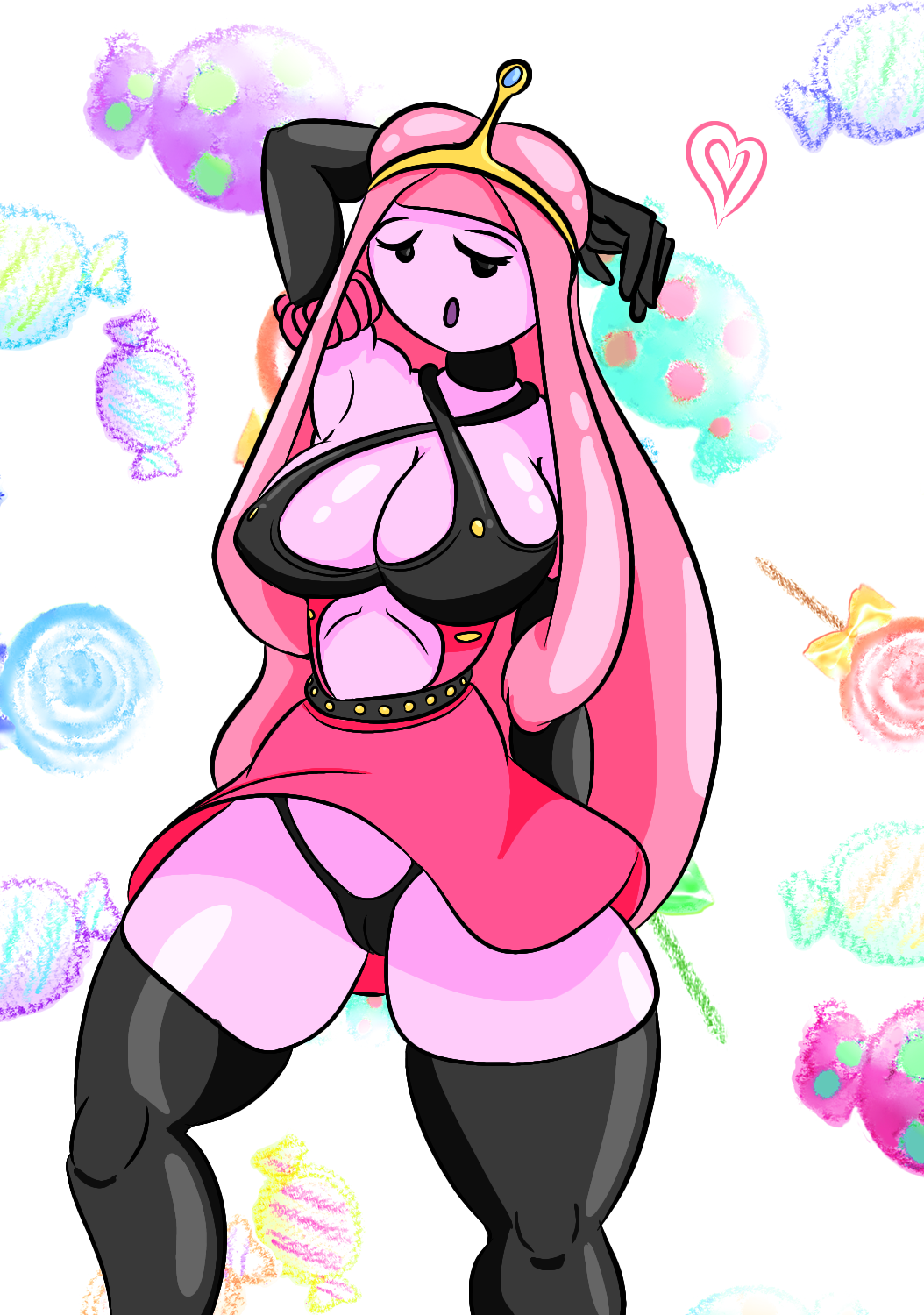 adventure_time big_breasts eldelascajas female_only latex mob_face panties pink_hair pose princess_bubblegum stoking