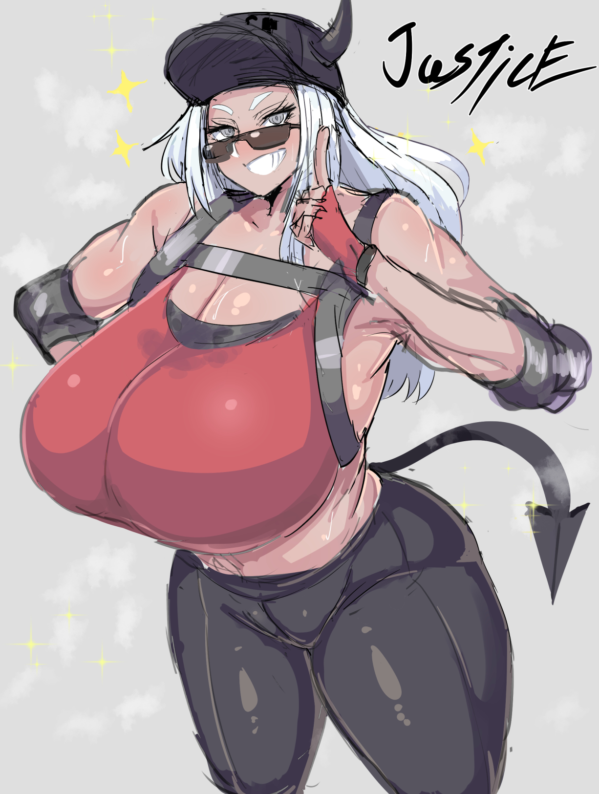 1girls, big breasts, breasts, demon, demon girl, female, female only, gigantic breasts, helltaker, horn, huge breasts, justice (helltaker), looking at viewer, looking over eyewear, looking over glasses, looking over sunglasses, police, police hat, rururu82010664, solo, sunglasses, sweat stain, tail, thick thighs, tinted eyewear, tomboy, white hair