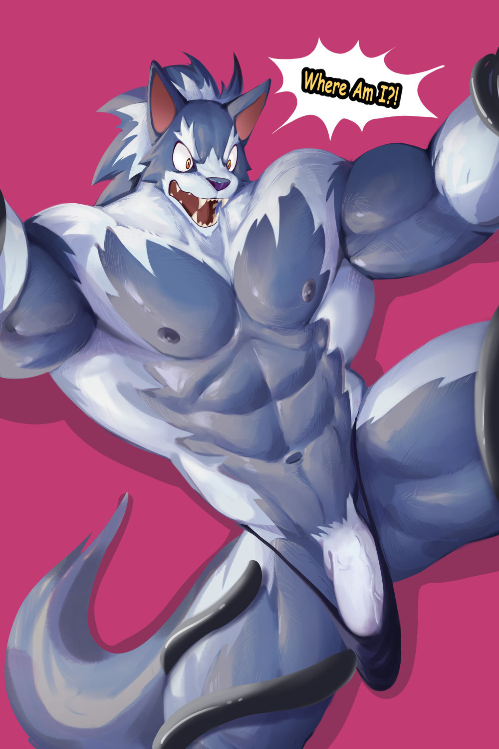 abs anthro big_pecs big_penis blue_body blue_hair canid canine canis capcom clothed clothing darkstalkers dialogue gallon genitals hair hi_res jon_talbain male male_only mammal muscular muscular_male navel partially_clothed pecs penis pink_background sharp_teeth simple_background solo speech_bubble speedo swimsuit swimwear teeth tentacle tentacles_around_arms tentacles_around_legs thick_thighs topless useless_clothing vampire_savior video_games wide_eyed wolf wolfanine yellow_eyes