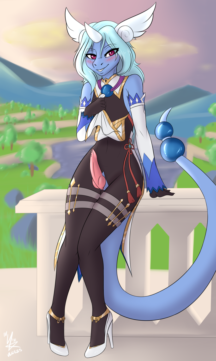 1boy anthro blue_hair blush clothed clothing cosplay crossdressing dragon dragonair erection femboy footwear furry ganyu_(genshin_impact) genitals genshin_impact gloves hair handwear hi_res high_heels horn knot lake leaning_on_object legwear liuki long_hair looking_at_viewer male male_only mountain nintendo penile_spines penis plant pokémon_(species) pokemon red_eyes shoes slit smile solo standing teeth trap tree video_games vlc525 wings