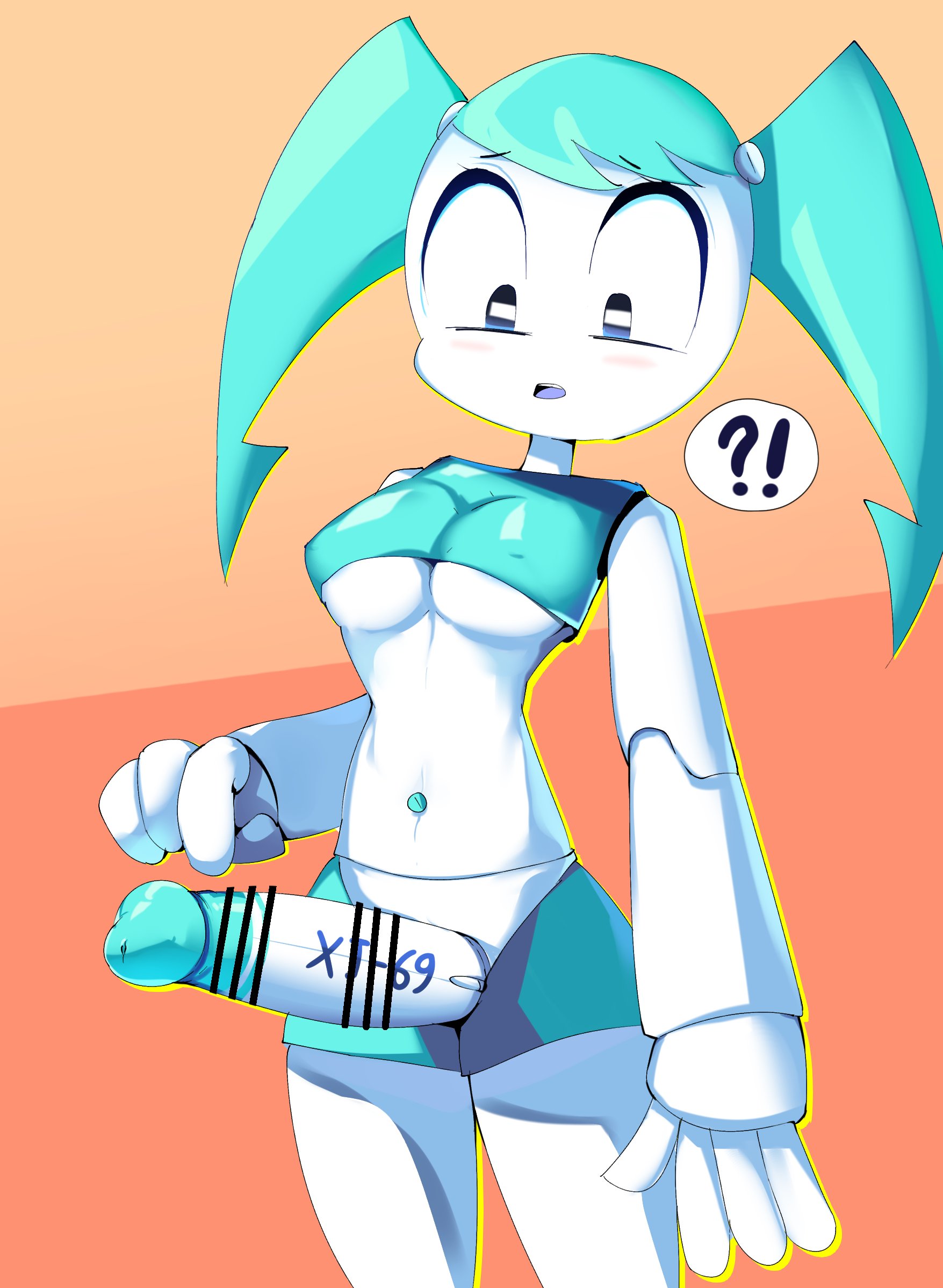 1futa, big penis, blush, breasts, censored, chobonolly, clothed, clothing, erect nipples, erection, female, futa only, futa sans balls, futanari, humanoid, humanoid penis, intersex, jenny wakeman, my life as a teenage robot, navel, nickelodeon, nipples, penis, robot, robot girl, solo, standing, underboob, xj-9