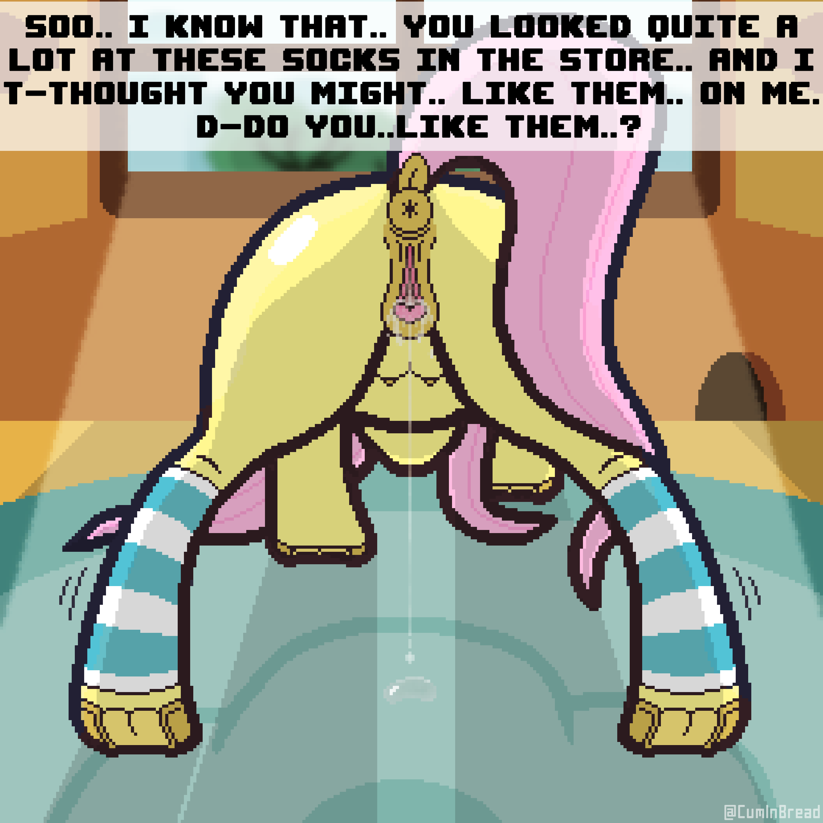 absurd_res anus bodily_fluids clothing cuminbread dialogue_box ejaculation equid equine female fluttershy_(mlp) footwear friendship_is_magic genital_fluids genitals hasbro hi_res horse mammal my_little_pony pony pussy pussy_ejaculation pussy_juice socks solo spread_anus spread_legs spread_pussy spreading straight_hair