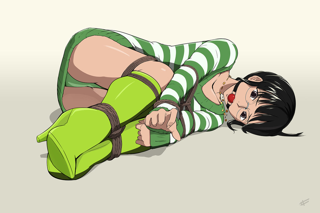 1girls ball_gag black_hair bondage brown_eyes female female_only gag glasses green_boots green_clothing green_panties nico_robin one_piece one_piece_film_strong_world pre-timeskip rope_bondage sharpffffff