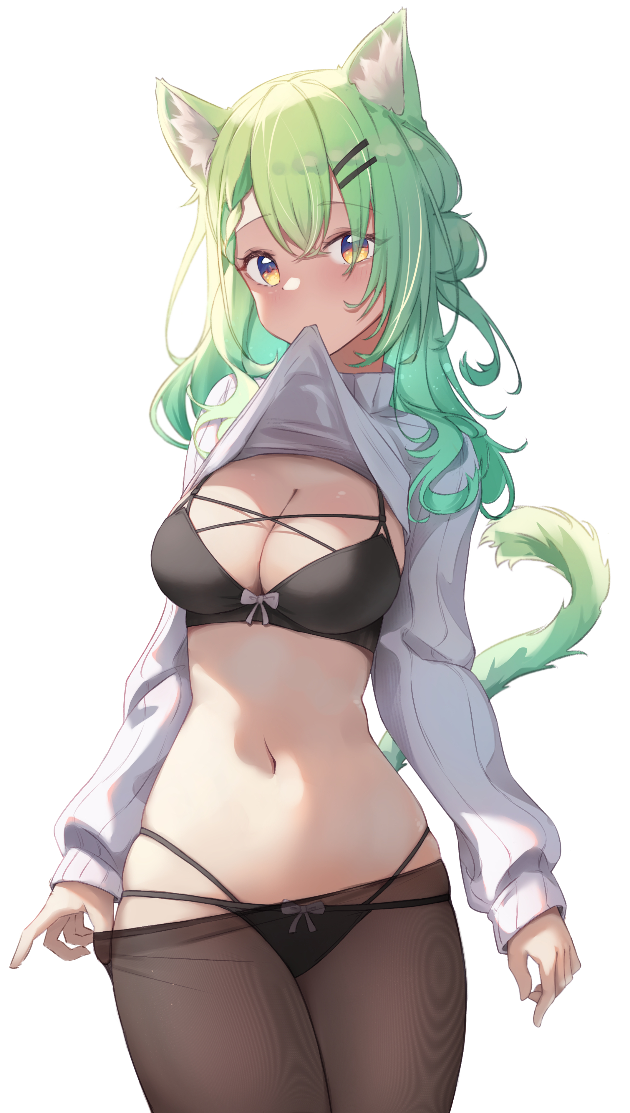 absurdres, animal ears, big breasts, black bra, black panties, bow, bow bra, bow panties, bra, breasts, cat ears, cat tail, ceres fauna, cleavage, clothes lift, contrapposto, cowboy shot, eyebrows visible through hair, female, green hair, hair between eyes, hair ornament, hairclip, highres, hololive, hololive english, hololive english -council-, hololive english -promise-, kemonomimi mode, large breasts, light blush, long hair, long sleeves, looking at viewer, midriff, mouth hold, navel, no pants, panties, panties under pantyhose, pantyhose, ribbed sweater, see-through, shironekokfp, shirt lift, simple background, solo, sweater, sweater lift, tail, underwear, virtual youtuber, white background, white sweater, yellow eyes