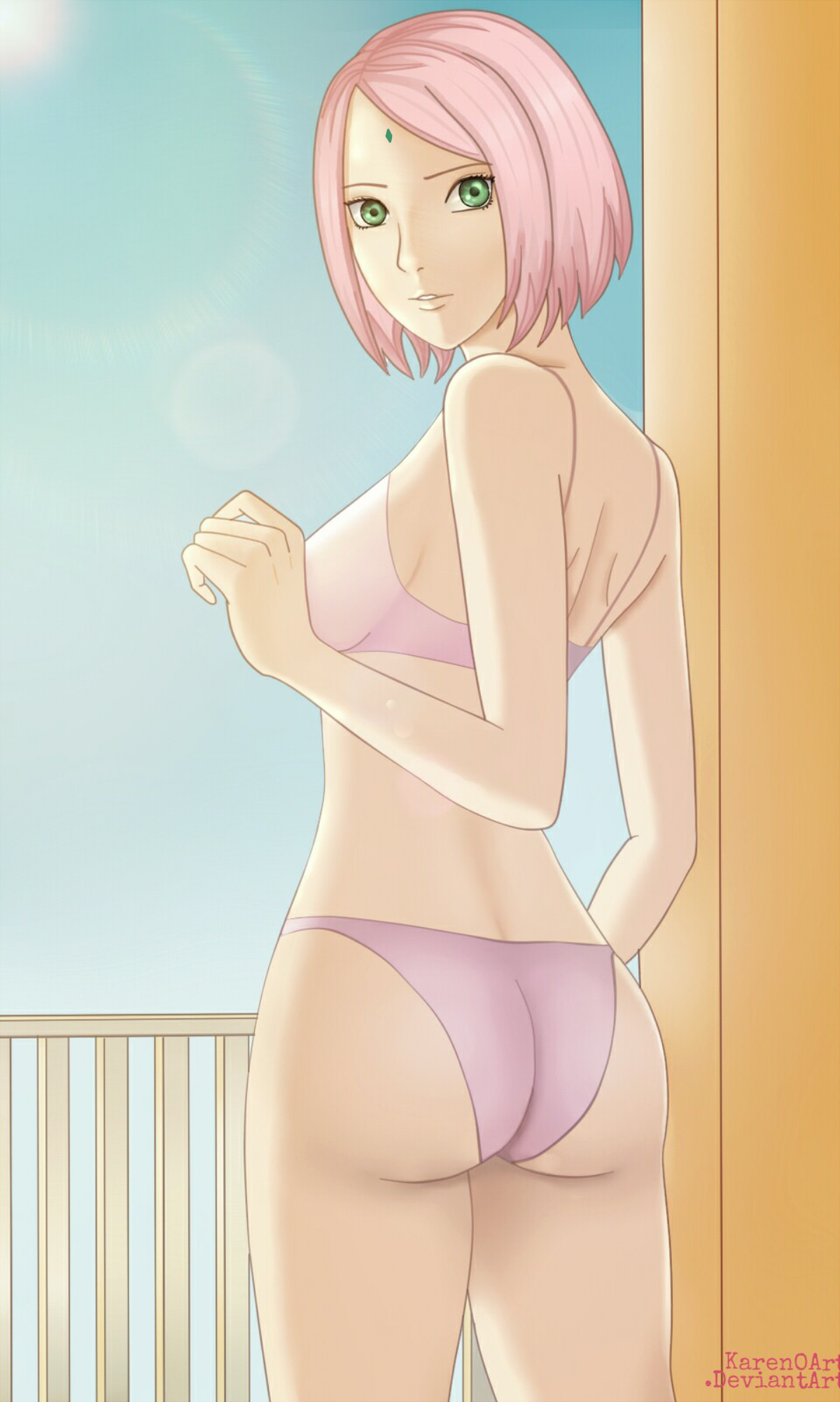 1girls, ass, balcony, blush, boruto: naruto next generations, bra, breasts, female, female only, from behind, green eyes, indoors, karenoart, long hair, looking at viewer, looking back, naruto, naruto (series), panties, pink hair, railing, sakura haruno, shoulder length hair, solo, solo focus, sunlight, underwear