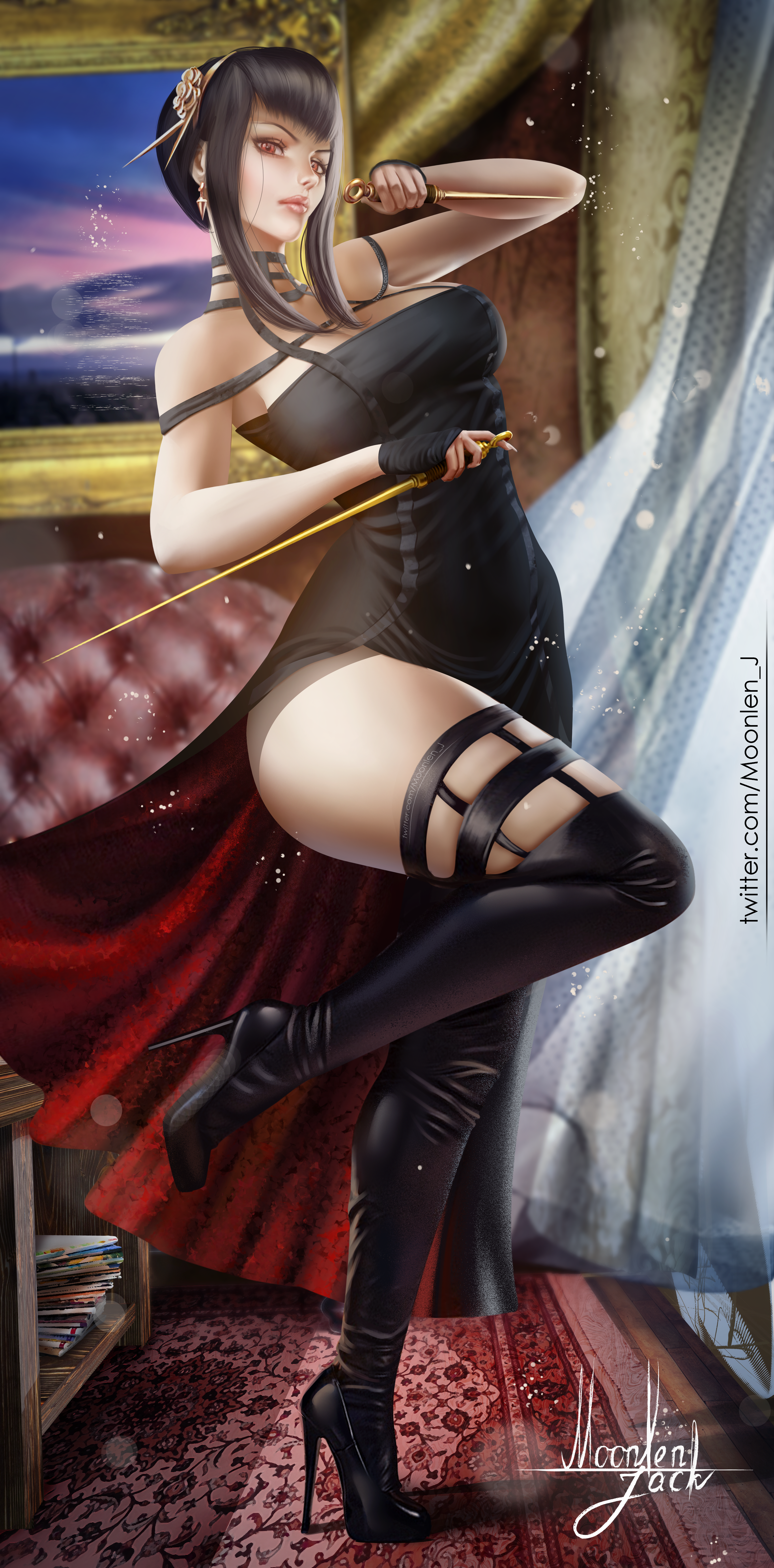 1girls, ass, assassin, big ass, boots, dress, female, female only, heels, knife, latex, latex suit, light skin, light-skinned female, moonlen-jack, solo, spy x family, stiletto (weapon), thick thighs, thorn princess, yor briar