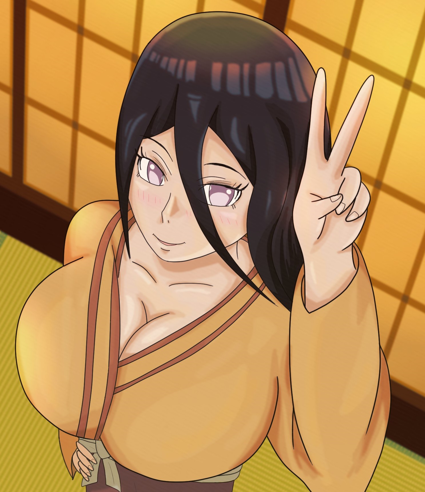 1girls, bare breasts, bare chest, boruto: naruto next generations, breasts, breasts bigger than head, brown hair, bust, busty, cleavage, clothed, clothed female, collarbone, female, female only, fully clothed, hair between eyes, hand on waist, hyuuga hanabi, japanese clothes, kimono, long sleeves, naruto, naruto (series), no bra, obi, oekaki sekai, oppai, peace sign, pinup, pinup pose, pose, posing, sash, shiny, shiny hair, shiny skin, smile, solo, solo female, solo focus, upper body, v, v sign, violet eyes, wide sleeves