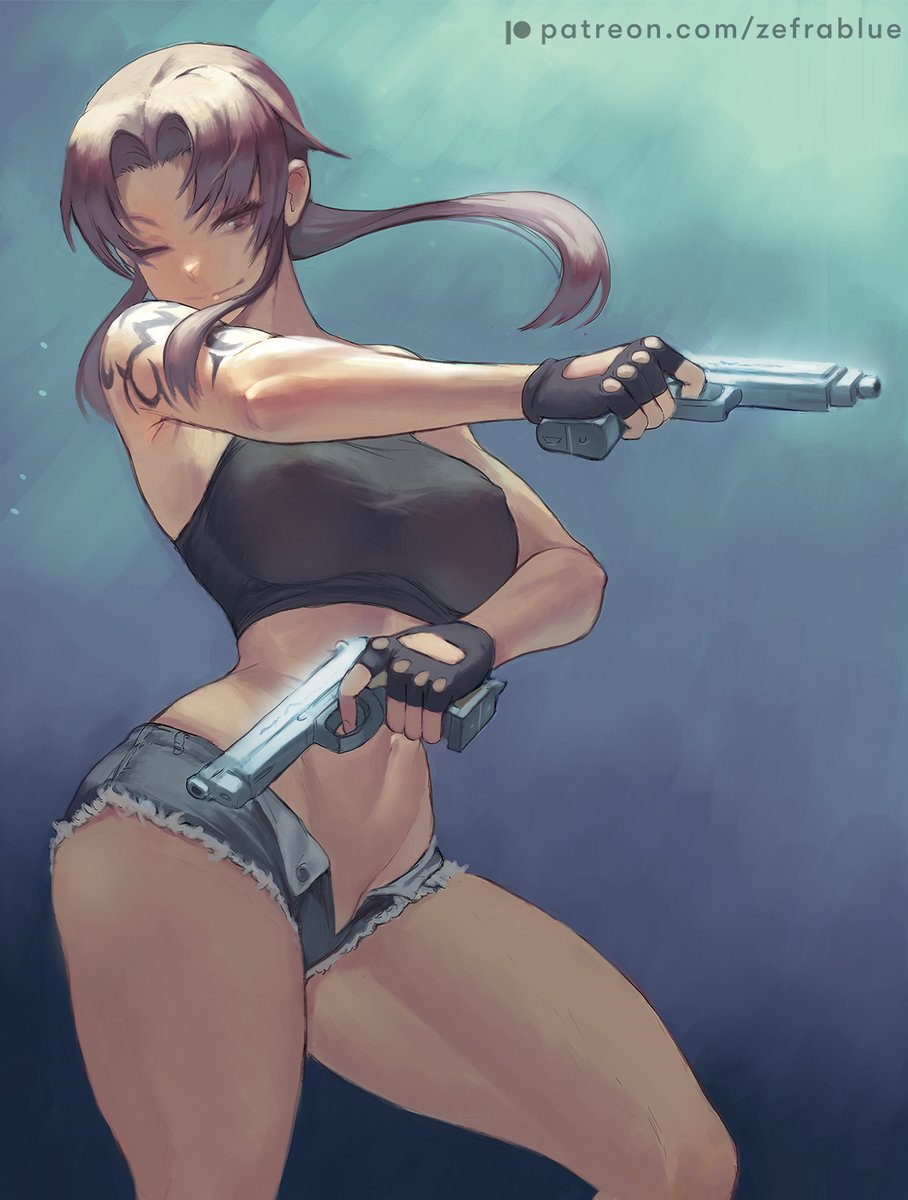 1girls armpits belly_button black_lagoon crop_top cutesexyrobutts_(style) erect_nipples erect_nipples_under_clothes female female_only fingerless_gloves gloves gun guns hips jean_shorts midriff navel nipple_bulge nipples nipples_visible_through_clothing pistols revy short_shorts shorts shoulder_tattoo slim_waist solo tattoo thick_thighs thighs tied_hair unbuttoned_pants wide_hips zefra_bleu