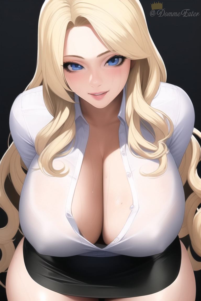 1girls ai_generated artist_self-insert big_breasts blonde_hair blue_eyes breasts busty cleavage clothed clothed_female clothes clothing curvaceous curvy curvy_body curvy_female curvy_figure dress_shirt female female_focus female_only hips huge_breasts large_breasts light-skinned_female light_skin long_hair looking_at_viewer nai_diffusion office_lady queen_dee queen_dee_(character) skirt smile smiling smiling_at_viewer solo solo_female solo_focus stable_diffusion sweat sweaty thick unbuttoned_shirt voluptuous wide_hips