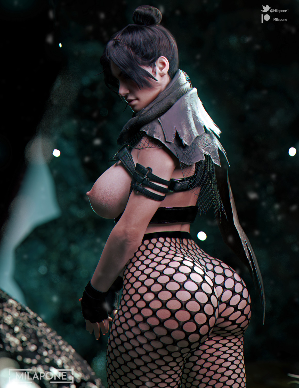 3d, apex legends, ass, back view, bare breasts, big ass, big breasts, breasts, curvy, dark eyes, fat male, female, female only, fishnet legwear, fishnets, light skin, light-skinned female, male, milapone, pale skin, pale-skinned female, patreon username, respawn entertainment, solo female, torn cape, twitter username, wraith (apex legends)