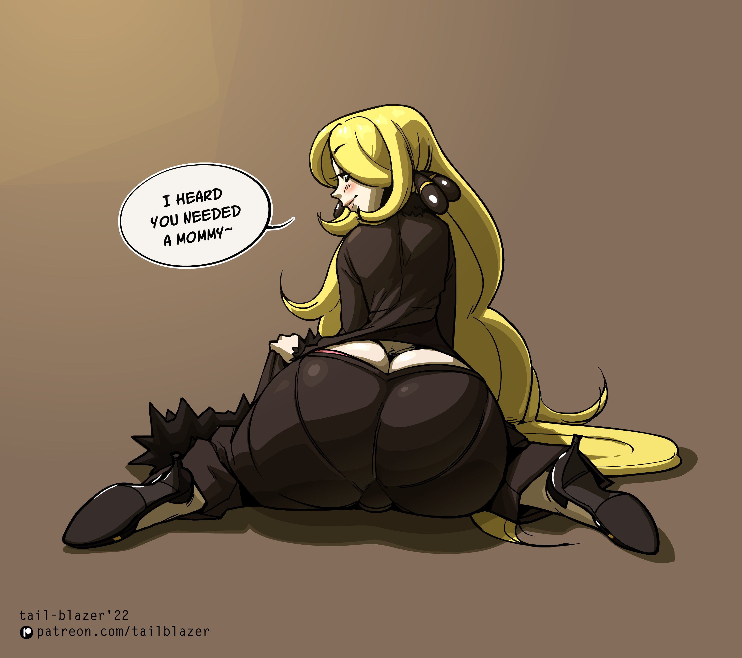 2022, artist name, ass, ass cleavage, ass crack, big ass, blonde hair, blush, bubble ass, bubble butt, butt crack, clothed, clothed female, cynthia (pokemon), dialogue, english text, female, game freak, heels, long blonde hair, long hair, looking back at viewer, mommy kink, nintendo, patreon logo, patreon url, pokemon, pokemon dppt, seductive, side eye, speech bubble, tail-blazer, talking to viewer, text