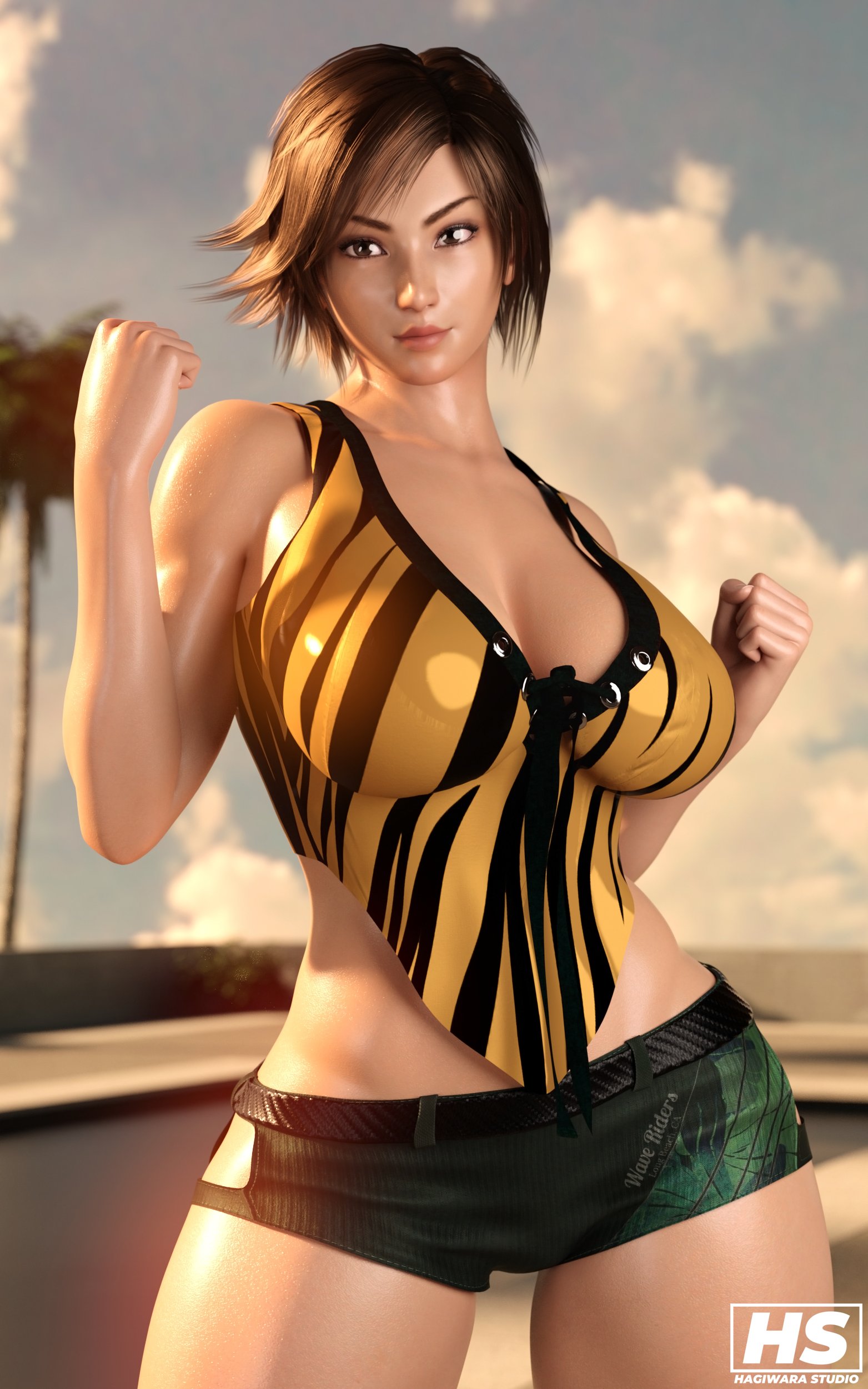 1girls, 3d, big breasts, booty shorts, breasts, brown hair, female, female only, hagiwara studio, hands on waist, highres, kazama asuka, pinup, short shorts, shorts, solo, solo female, tagme, tekken, thick thighs, tomboy