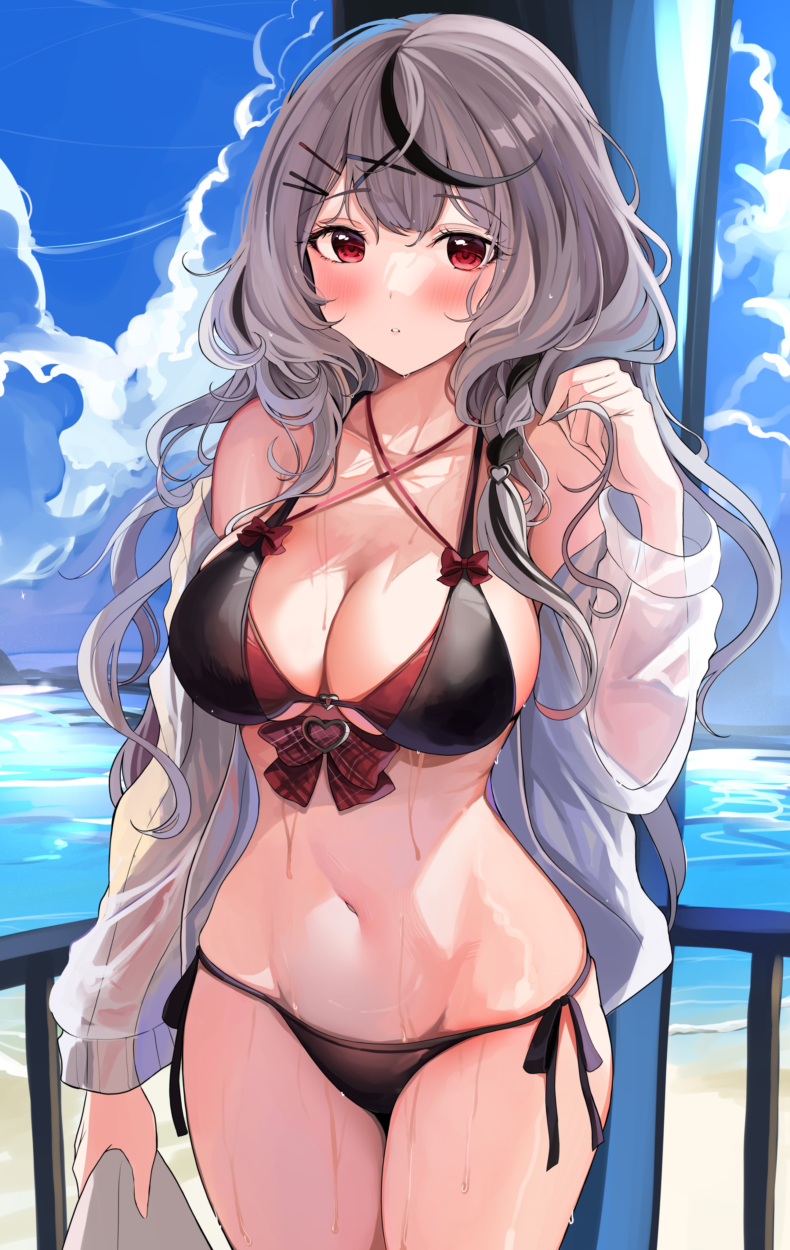 1girls, absurdres, bangs, bare shoulders, beach, big breasts, bikini, black bikini, black hair, blue sky, blush, breasts, cleavage, collarbone, cute, female, female only, grey hair, hair, hair ornament, hairpin, highres, hololive, hololive japan, holox, hourglass figure, huge breasts, jacket, large breasts, long hair, long sleeves, looking at viewer, midriff, multicolored hair, navel, off shoulder, open clothes, open jacket, piercing, red eyes, revealing clothes, sak (lemondisk), sakamata chloe, sea, seaside, seductive, see-through, see-through clothing, shiny skin, silver hair, sky, sleeves, solo, stomach, streaked hair, sweat, sweatdrop, swimsuit, thick thighs, thighs, virtual youtuber, voluptuous, water, wet, white hair, wide hips