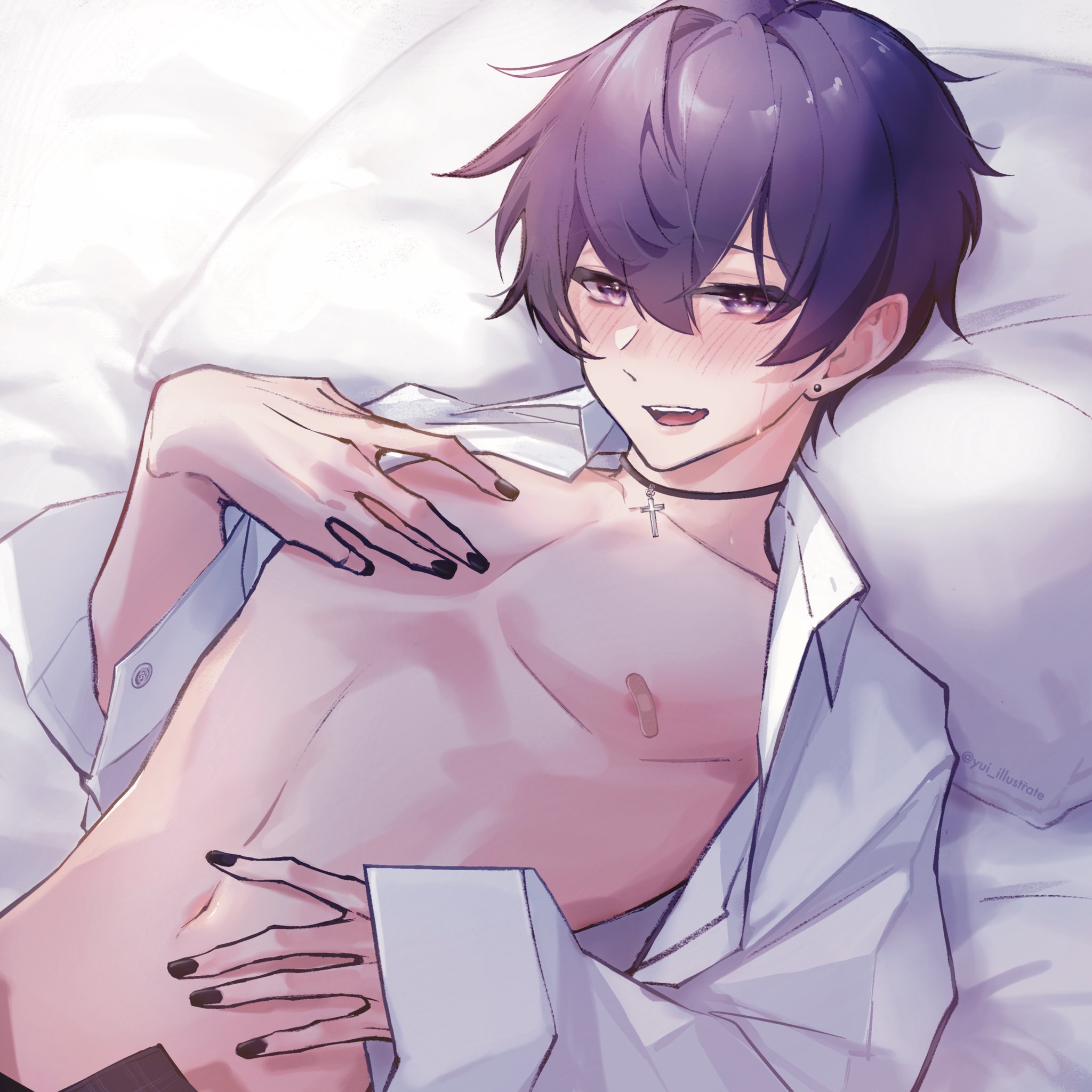 1boy, bandage on nipples, bandages, bed, bedroom eyes, black hair, blush, breasts, choker, cross necklace, earrings, exposed belly, exposed breasts, femboy, in bed, indie virtual youtuber, light skin, light-skinned male, looking at viewer, male, male only, male with painted nails, navel, shirt open, shoto, shoto (vtuber), shxtou, solo, solo male, tummy, twink, virtual youtuber, yui illustrate