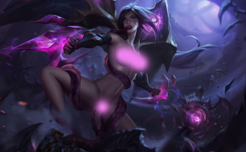 1girls bottomless_female breasts censored dim_lighting gloves kai'sa league_of_legends legs_apart long_hair navel richtofen tagme tentacle_in_mouth tentacles topless_female