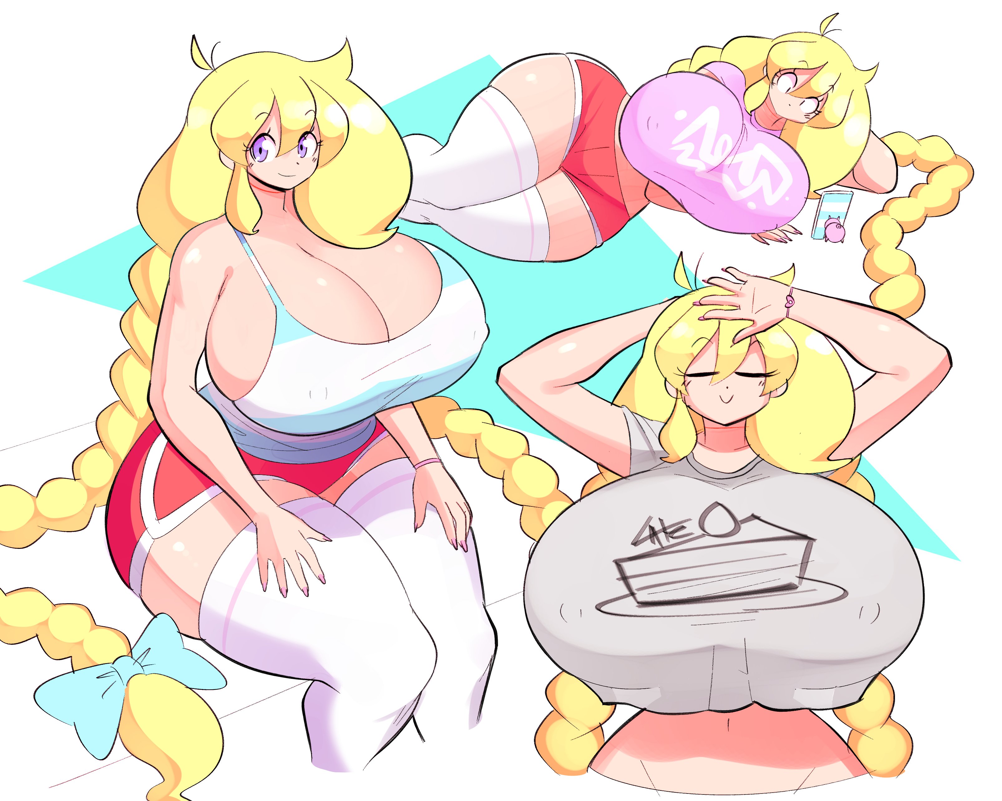1girls, 2022, ass, big ass, big butt, blonde hair, braided hair, braided ponytail, breasts, breasts bigger than body, breasts bigger than head, breasts bigger than torso, breasts on floor, cassie (theycallhimcake), eyes, female, female only, hair, hourglass figure, huge ass, huge breasts, hyper, hyper breasts, long hair, looking at viewer, nipple bulge, nipples, nipples visible through clothing, no mouth, original, original character, ponytail, smile, theycallhimcake, thick thighs, top heavy