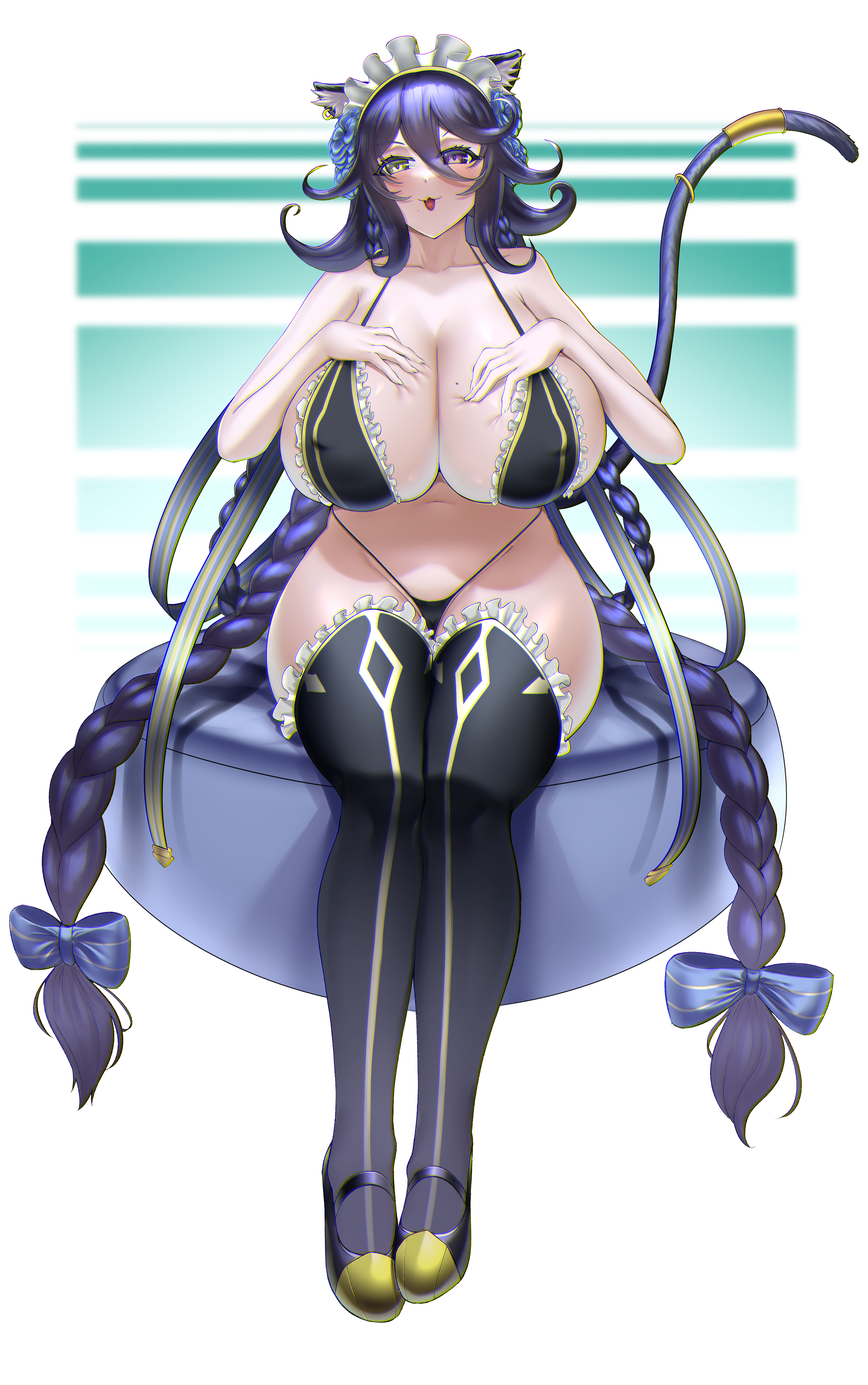 1girls, absurdly long hair, absurdres, akaokuro oumu, alternate costume, animal ears, bikini, black bikini, black footwear, black legwear, blue bow, blush, bow, braid, breasts, cat ears, cat girl, cat tail, covered nipples, curvy, enmaided, female, frilled bikini, frills, full body, hair between eyes, hairbow, hands on own chest, heterochromia, highres, huge breasts, last origin, light skin, light-skinned female, long hair, looking at viewer, maid, maid bikini, maid headdress, mole, mole on breast, multiple braids, navel, poi (last origin), purple eyes, purple hair, single braid, sitting, solo, string bikini, striped, swimsuit, tail, thick thighs, thighhighs, thighs, twin braids, vertical stripes, very long hair, wide hips, yellow eyes