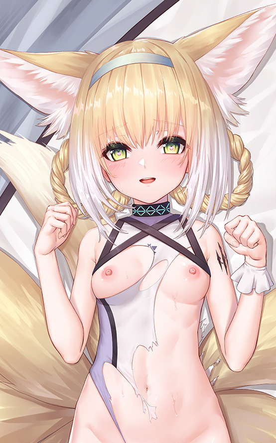 animal_ears arknights bed_sheet blonde_hair blush braid breasts breasts_out chinese_commentary clenched_hands cowboy_shot dakimakura_(medium) eyebrows_visible_through_hair eyelashes female female female_focus fox_ears fox_tail from_above green_eyes groin hair_between_eyes hair_rings hairband heart heart-shaped_pupils infection_monitor_(arknights) looking_at_viewer lying medium_hair midriff multicolored_hair multiple_tails navel nipples on_back open_mouth oripathy_lesion_(arknights) out-of-frame_censoring small_breasts smile solo straight_hair suzuran_(arknights) sweat symbol-shaped_pupils tail tareme ten_no_hoshi torn_clothes two-tone_hair white_hair wrist_cuffs