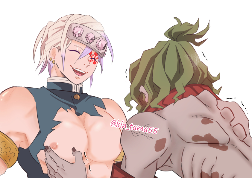 2boys armbands armlet big_pecs closed_eyes demon_boy demon_slayer gay green_hair grey_body grey_skin groping gyutaro headband kimetsu_no_yaiba kin_no_tanamushi laugh male male_only muscular muscular_male pec_grasp pecs smile torn_clothes upper_body uzui_tengen vertebrae white_hair yaoi