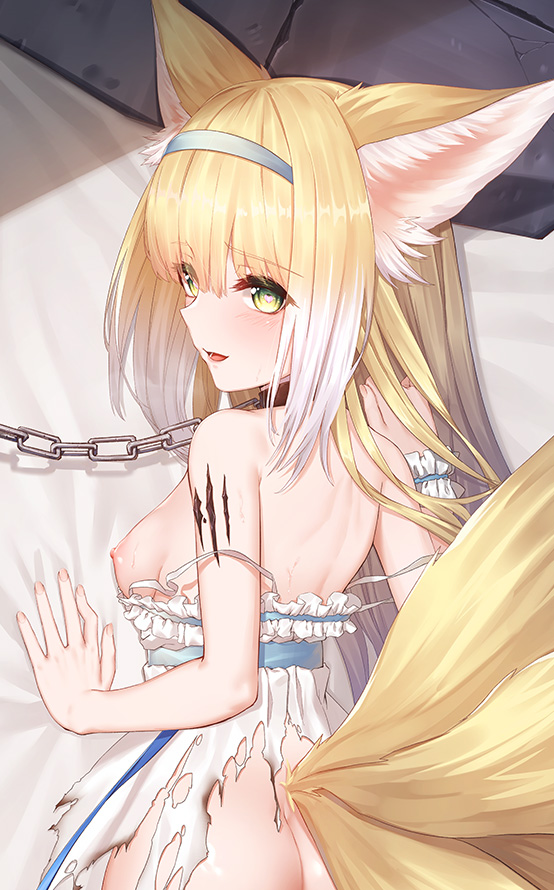 alternate_costume alternate_hairstyle animal_ears arknights ass bed_sheet blonde_hair blush breasts breasts_out burnt_clothes chains chinese_commentary collar cowboy_shot dakimakura_(medium) dress eyebrows_visible_through_hair eyelashes female female female_focus fox_ears fox_tail from_above green_eyes hair_between_eyes hair_down hairband heart heart-shaped_pupils long_hair looking_at_viewer looking_back lying multicolored_hair multiple_tails nipples on_stomach open_mouth oripathy_lesion_(arknights) sleeveless sleeveless_dress small_breasts solo spaghetti_strap straight_hair strap_slip suzuran_(arknights) sweat symbol-shaped_pupils tail ten_no_hoshi torn_clothes torn_dress two-tone_hair white_dress white_hair wrist_cuffs