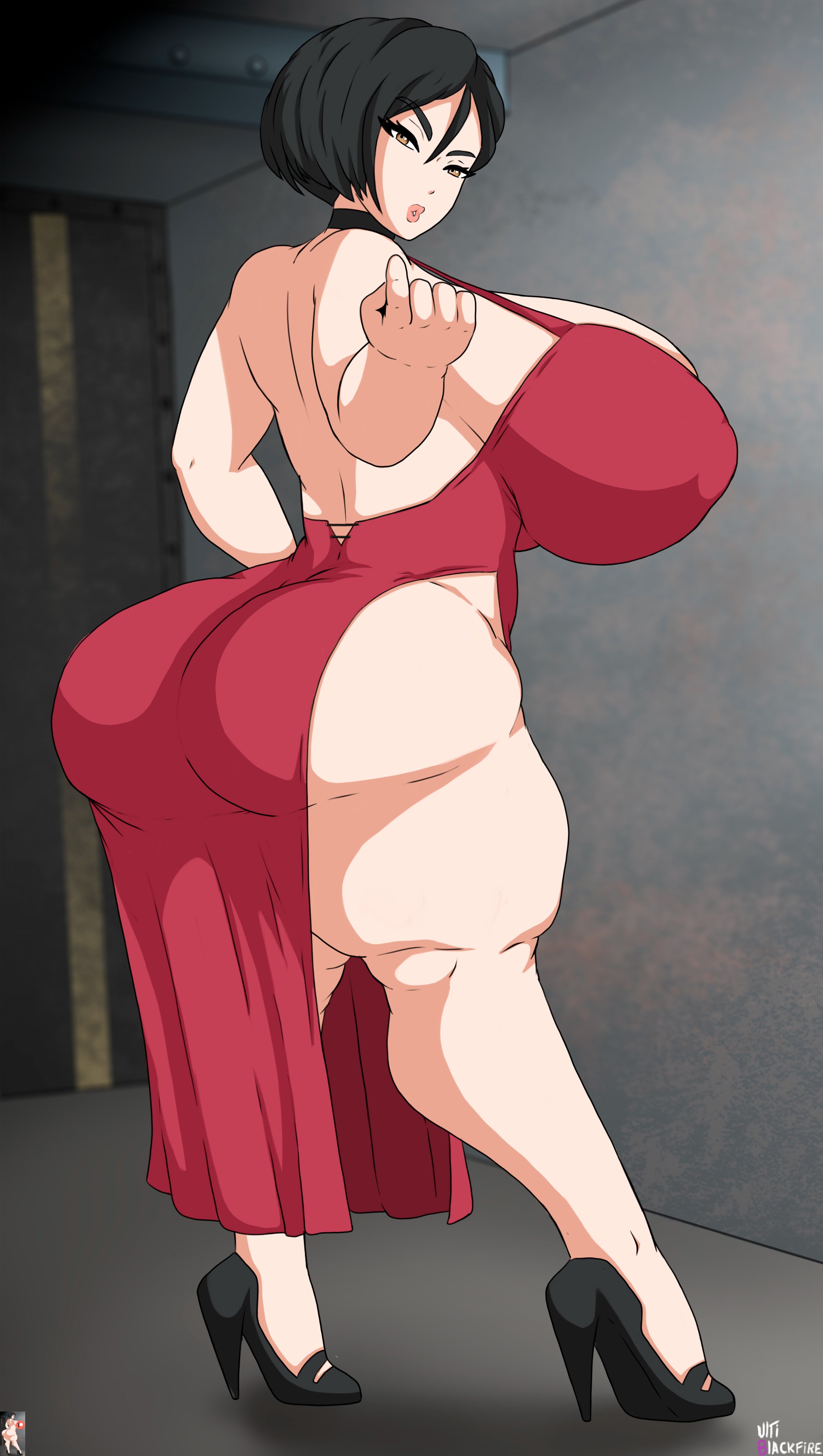 ada wong, ada wong (caroline ribeiro), ass, big ass, big breasts, big nipples, breasts, bubble ass, bubble butt, capcom, female, high heels, hourglass figure, large breasts, looking at viewer, looking back, no bra, no panties, pose, red dress, resident evil, resident evil 4, seducing, seductive, seductive eyes, seductive look, seductive mouth, sensual, sideboob, smelly ass, solo, solo female, thick, thick ass, thick thighs, ultiblackfire, wide hips
