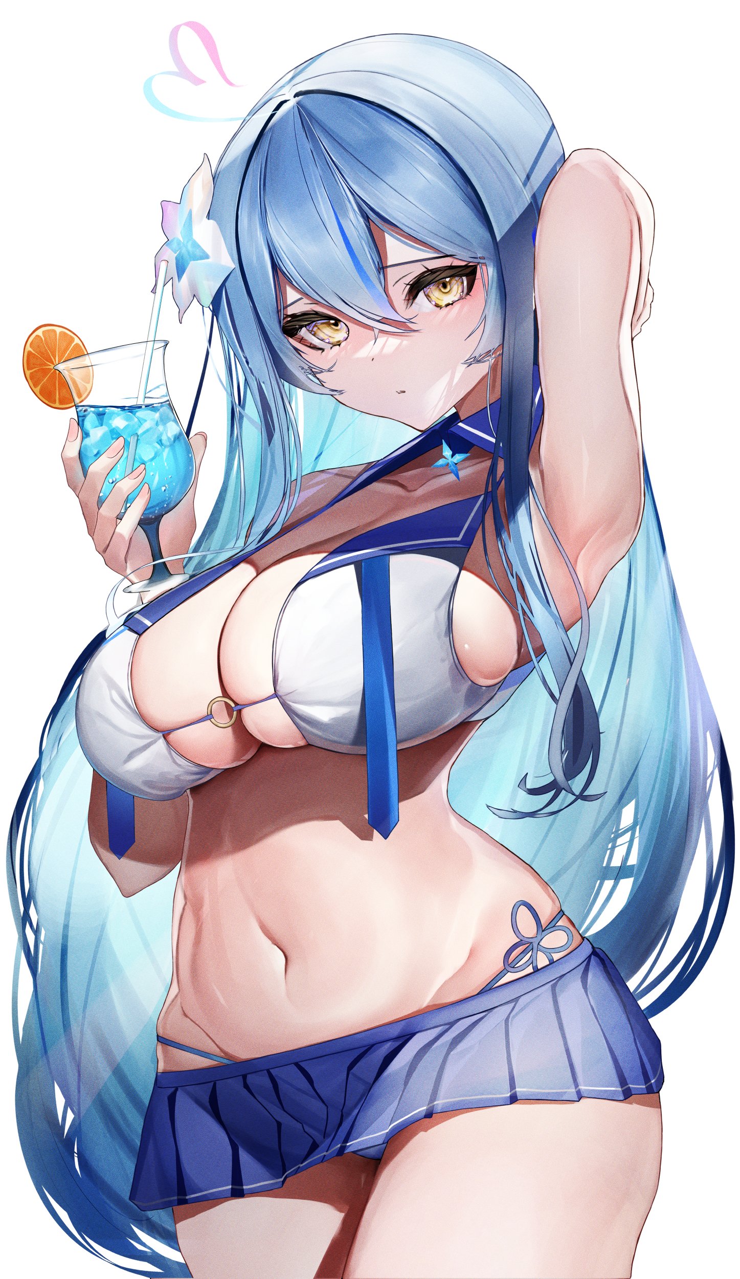 1girls, absurdres, ahoge, armpits, ass, bangs, big ass, big breasts, blue hair, blush, breasts, elf, eyebrows visible through hair, fat ass, female, female only, flower, hair between eyes, hair flower, hair ornament, heart, heart ahoge, highres, hololive, hololive gen 5, hololive japan, hourglass figure, huge ass, huge breasts, lamium (artist), large ass, large breasts, long hair, looking at viewer, love, midriff, miniskirt, multicolored hair, navel, panties, panty peek, pointy ears, revealing clothes, showing armpits, showing off, shy, skirt, solo, stomach, streaked hair, sweat stain, swimsuit, thick ass, thick thighs, underwear, virtual youtuber, voluptuous, wide hips, yellow eyes, yukihana lamy