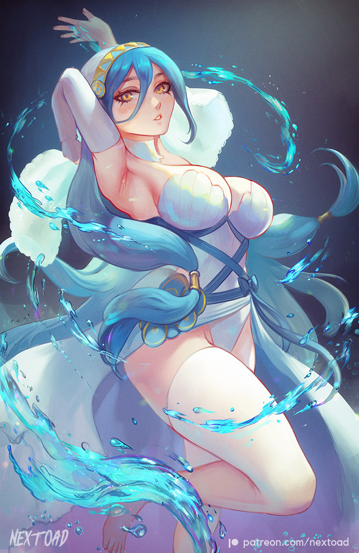 1girls, armpits, azura (fire emblem), bare thighs, barefoot, blue hair, breasts, cleavage, dancer, dancing, elbow gloves, female, female only, fire emblem, fire emblem fates, gloves, large breasts, leotard, light blue hair, long hair, looking at viewer, nextoad, nintendo, solo, thighhighs, thighs, very long hair, yellow eyes