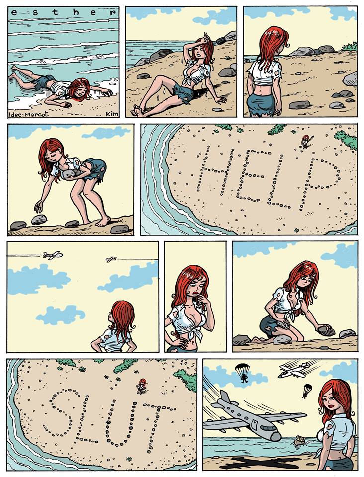 1girls airplane airplanes asking_for_help clothed comic esther_verkest female female_only funny help humor island kim_duchateau looking_at_viewer meme orange_hair red_hair shitpost sky stone water