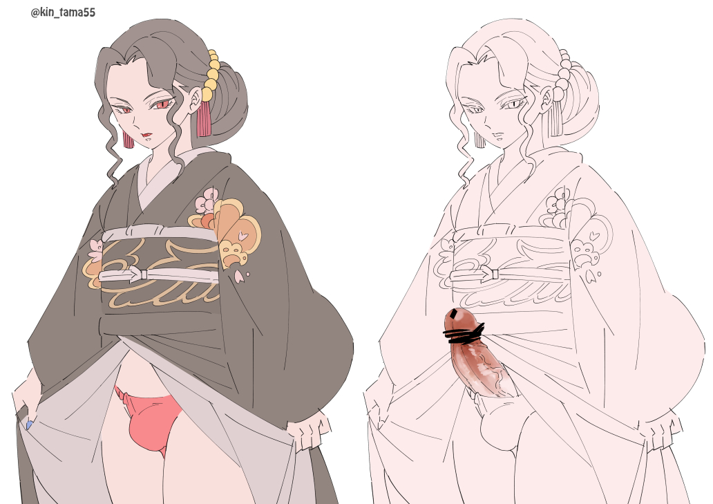 black hair, bulge, canon crossdressing, censored, crossdressing, demon slayer, erection, female muzan, femboy, fundoshi, hair bun, hair ornament, kimetsu no yaiba, kimono, kimono lift, kimono pull, kin no tanamushi, looking at viewer, male, male only, muzan kibutsuji, open kimono, penis, red eyes, slit pupils, solo, trap, veiny penis
