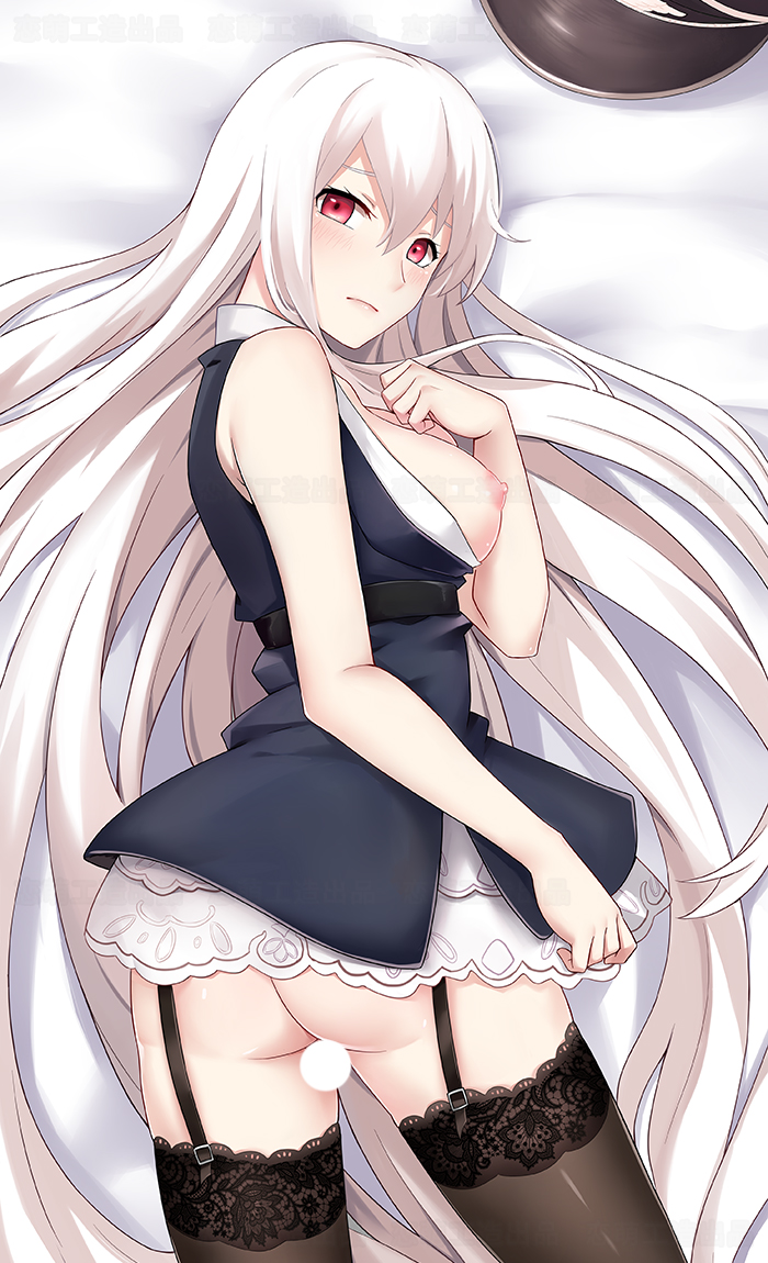 bangs blush dakimakura_(medium) female girls'_frontline hair_between_eyes kar98k_(girls'_frontline) long_hair looking_at_viewer military_hat military_uniform red_eyes salyut solo very_long_hair white_hair